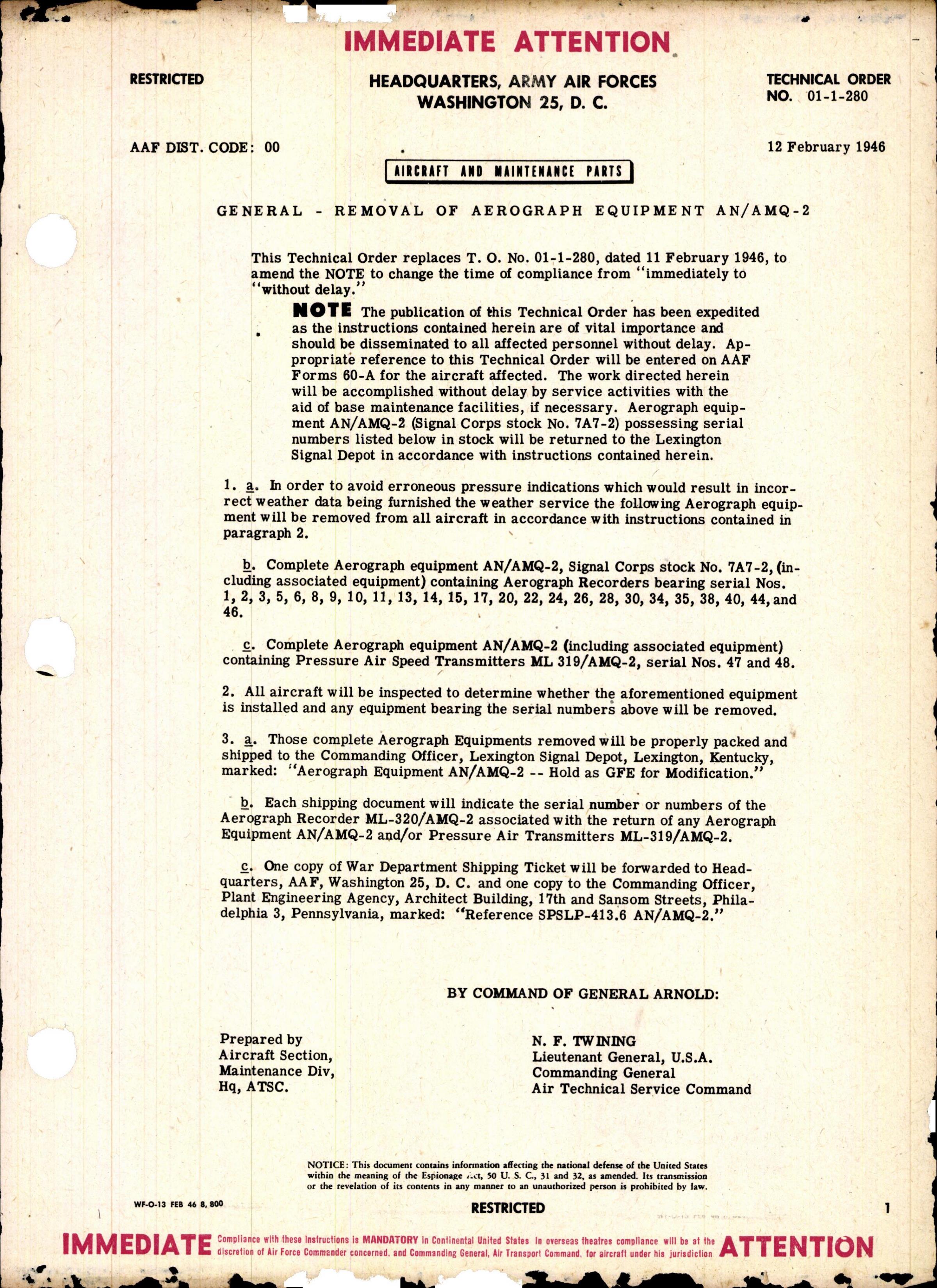 Sample page 1 from AirCorps Library document: Removal of Aerograph Equipment AN/AMQ-2