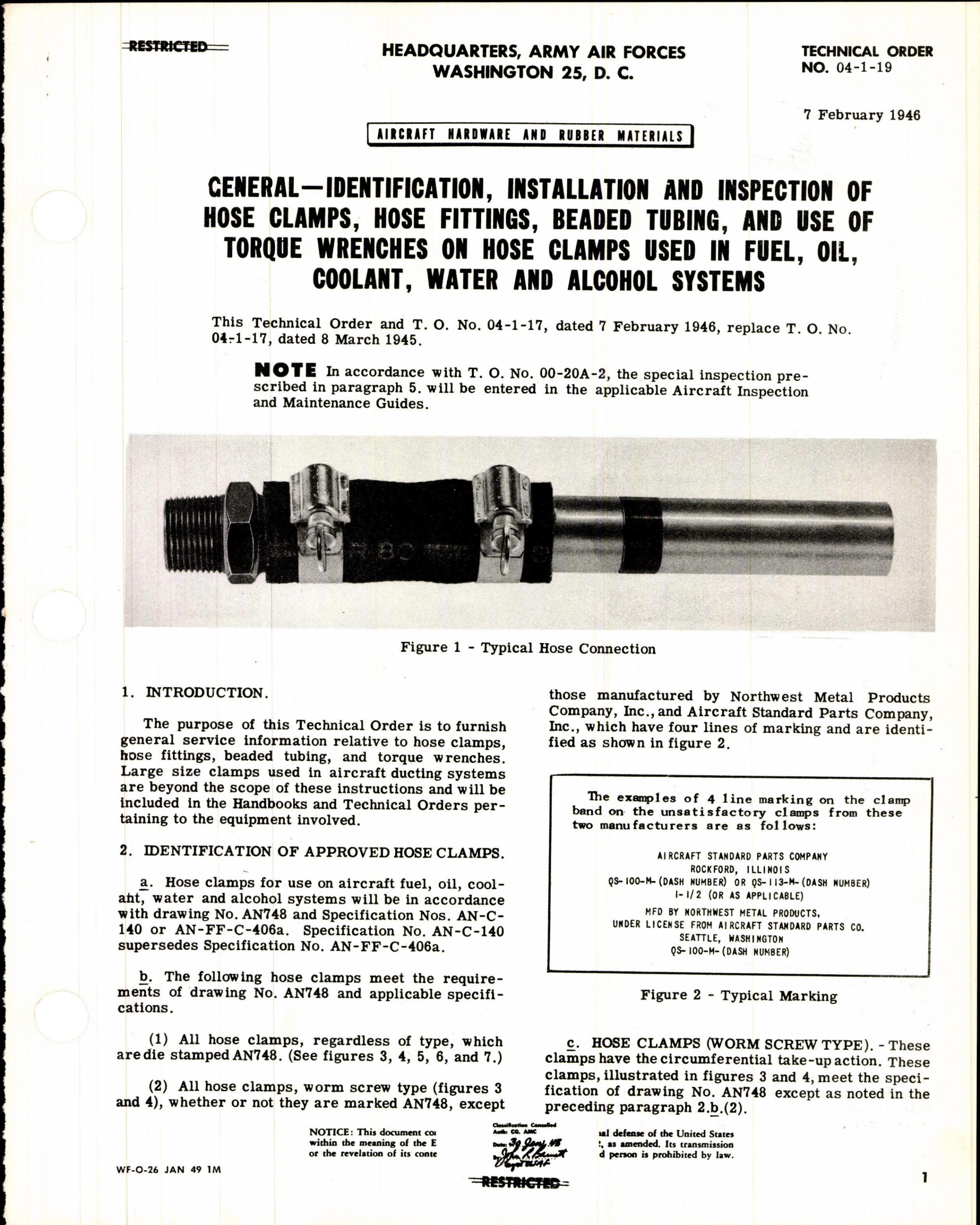 Sample page 1 from AirCorps Library document: Identification, Installation, & Inspection of Hose Clamps, Hose Fittings, Beaded Tubing, and Use of Torque Wrenches on Hose Clamps