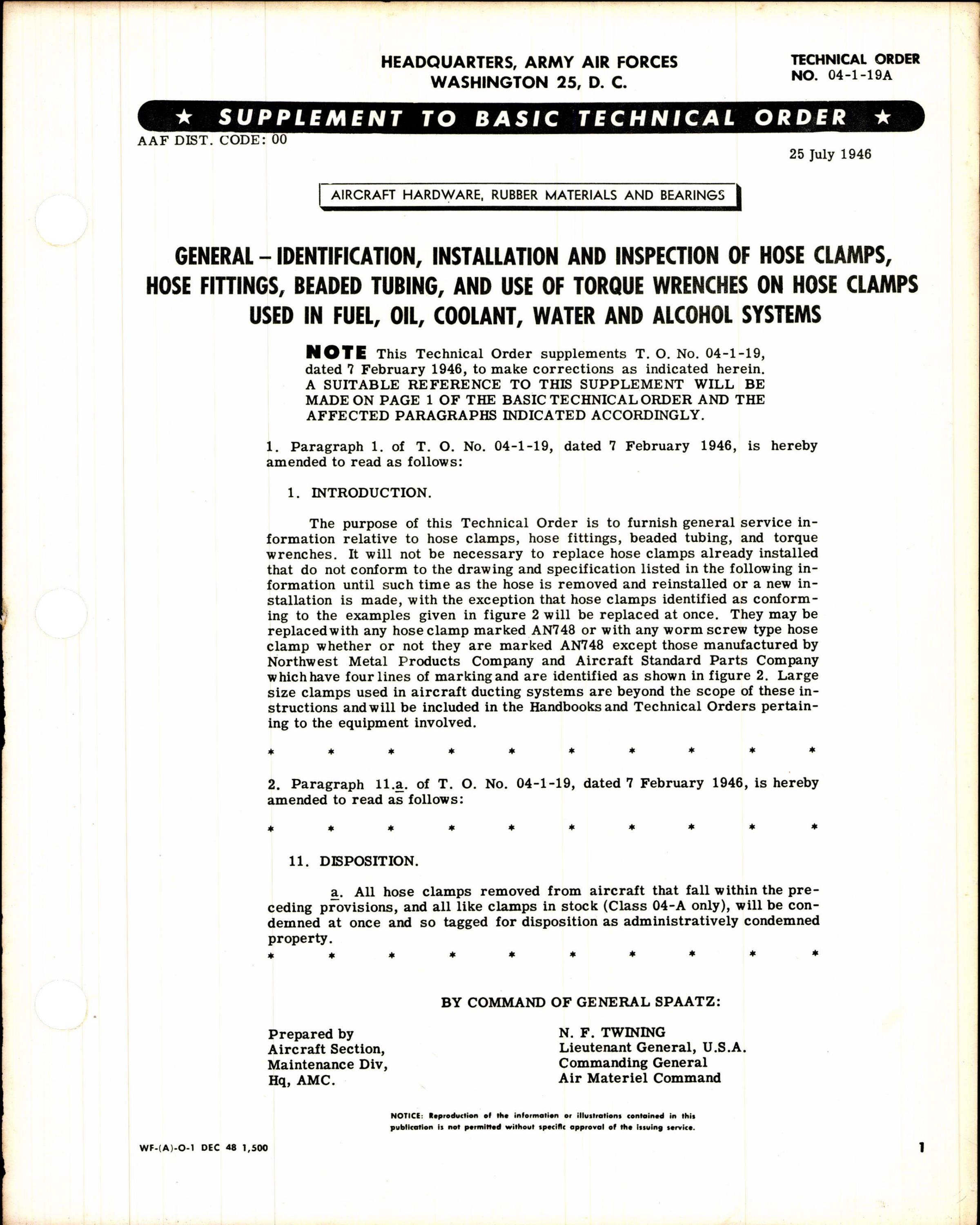 Sample page 1 from AirCorps Library document: Identification, Installation, & Inspection of Hose Clamps, Hose Fittings, Beaded Tubing, and Use of Torque Wrenches on Hose Clamps