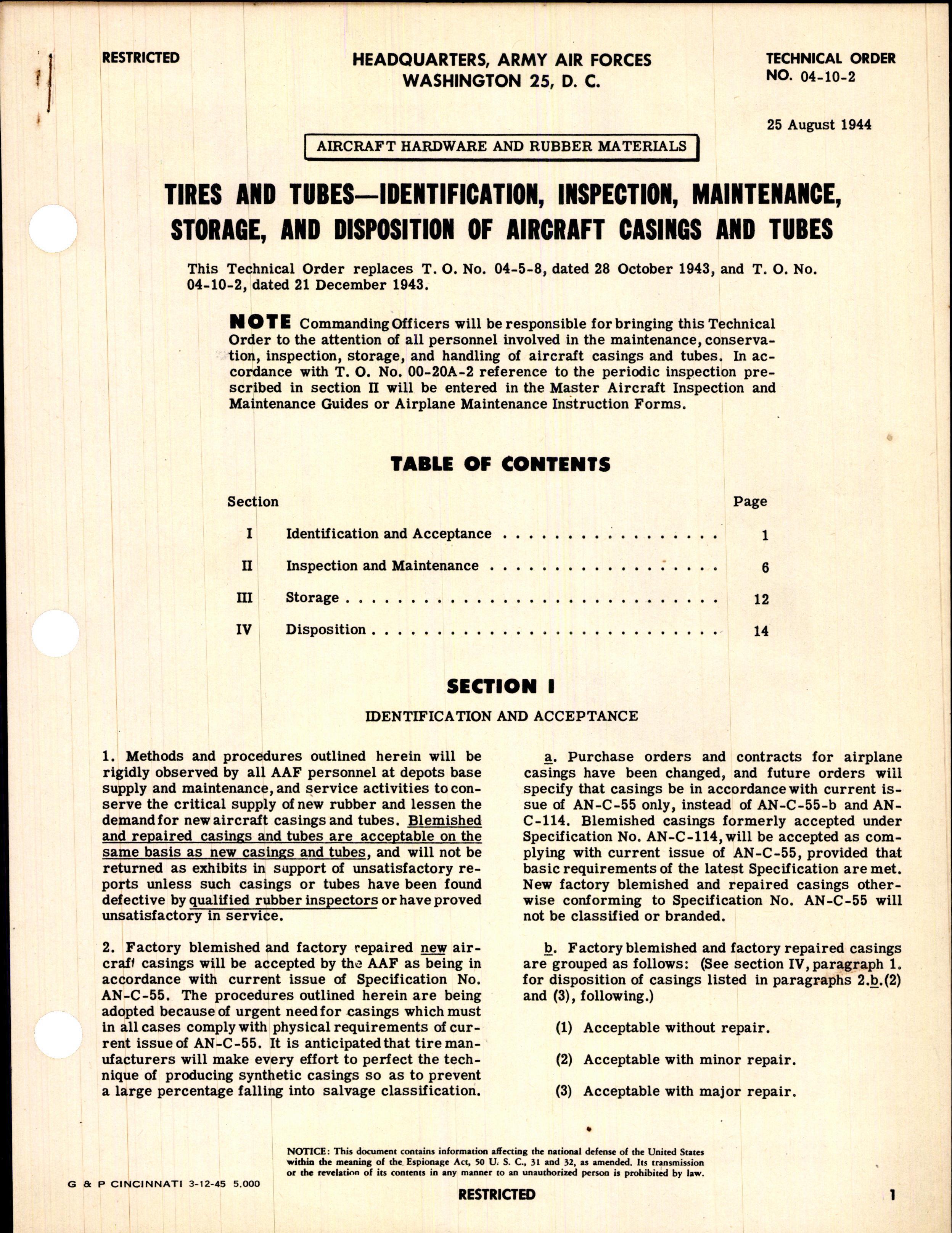 Sample page 1 from AirCorps Library document: Identification, Inspection, Maintenance, Storage, and Disposition of Aircraft Casings and Tubes
