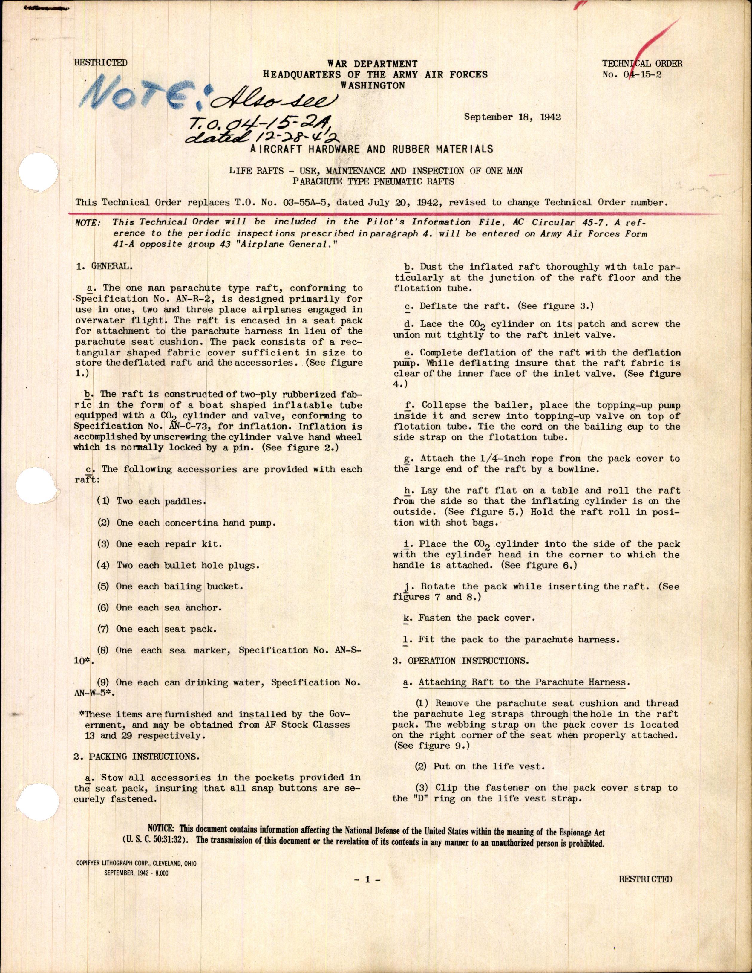 Sample page 1 from AirCorps Library document: Use, Maintenance, and Inspection of One Man Parachute Type Pneumatic Rafts