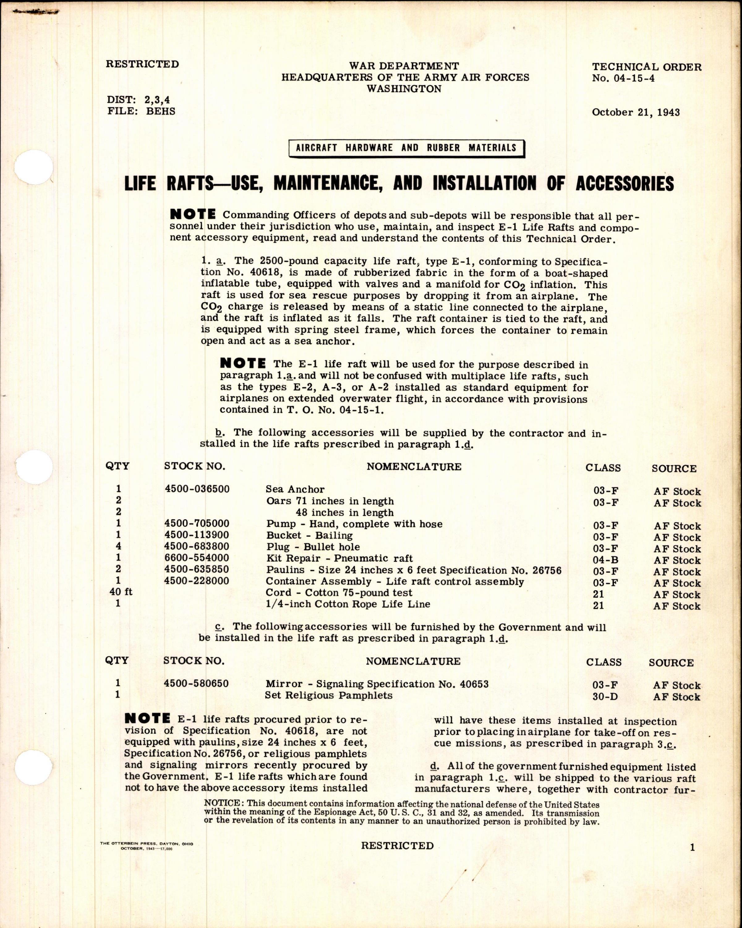 Sample page 1 from AirCorps Library document: Use, Maintenance, and Installation of Life Raft Accessories