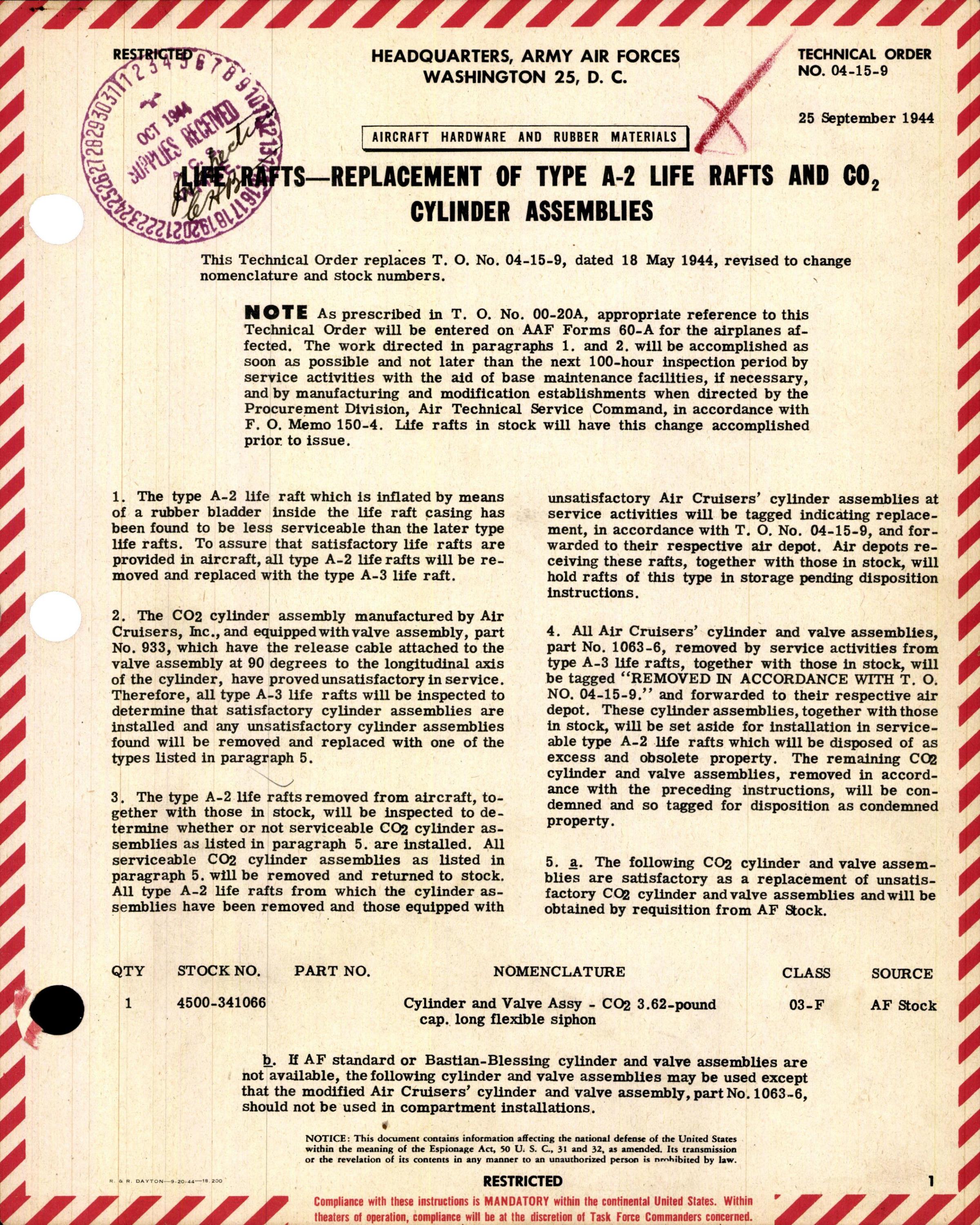 Sample page 1 from AirCorps Library document: Replacement of Type A-2 Life Rafts and CO2 Cylinder Assemblies