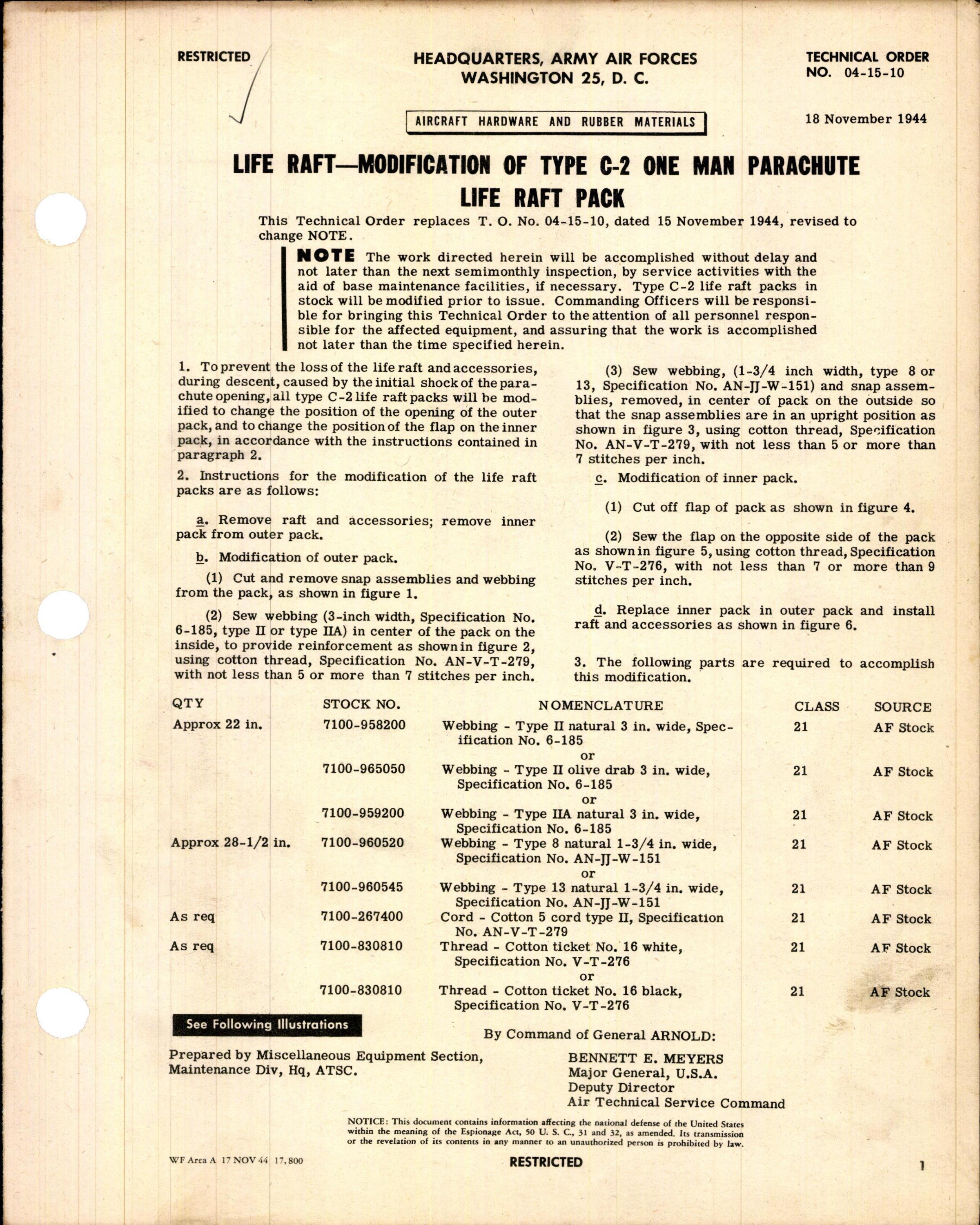 Sample page 1 from AirCorps Library document: Modification of Type C-2 One Man Parachute Life Raft Pack