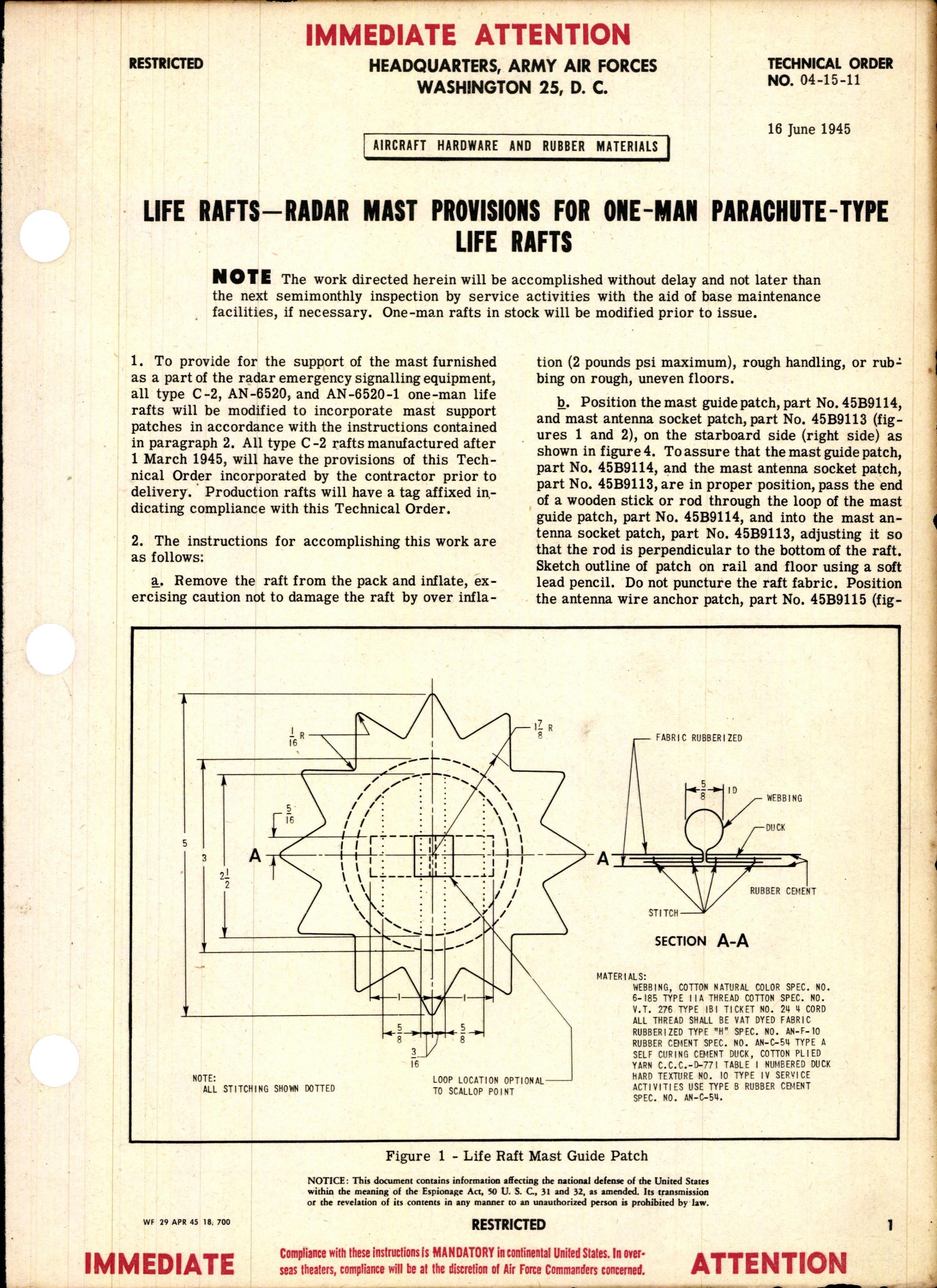 Sample page 1 from AirCorps Library document: Radar Mast Provisions for One-Man Parachute-Type Life Rafts