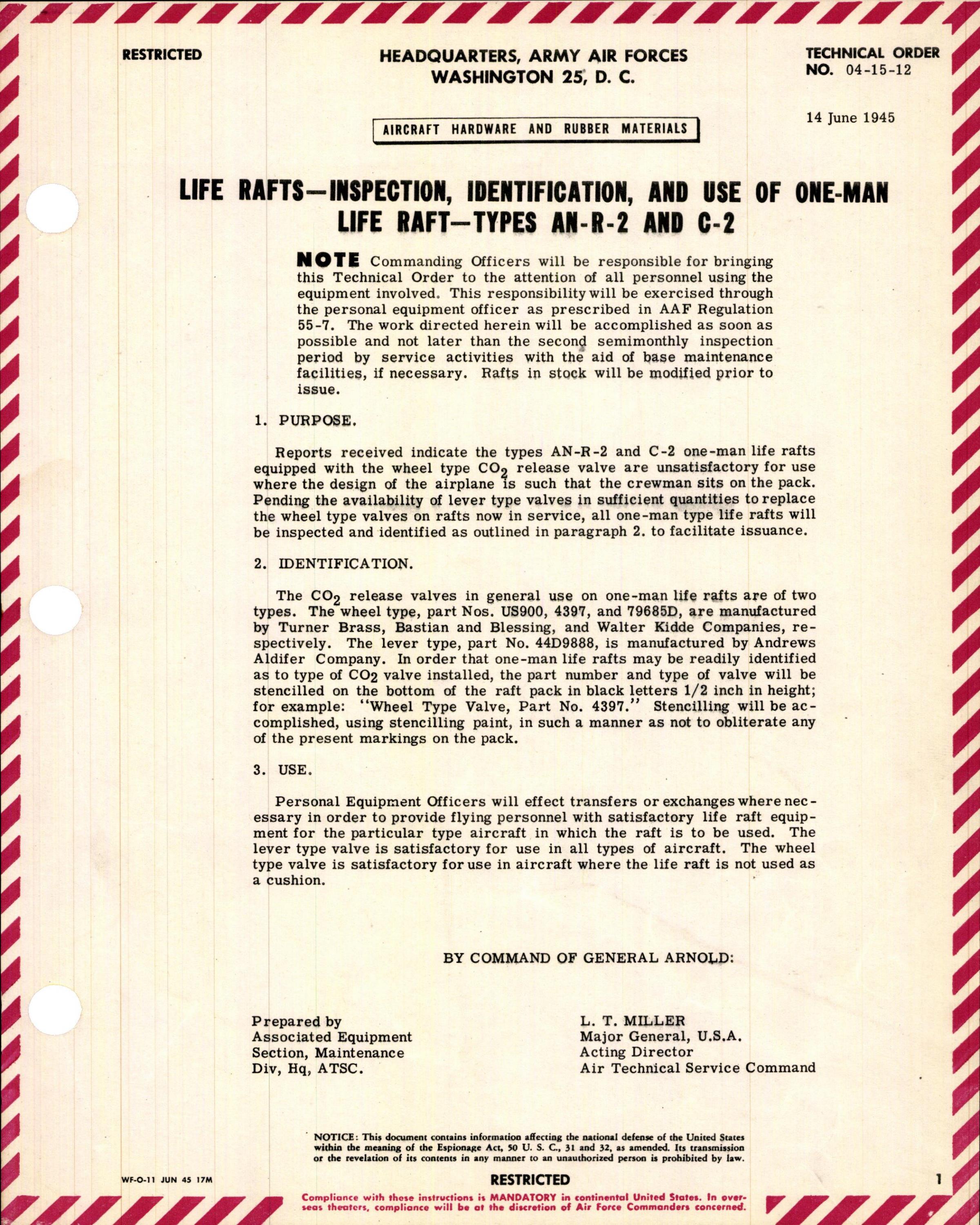 Sample page 1 from AirCorps Library document: Inspection, Identification, and Use of One-Man Life Rafts, Types AN-R-2 and C-2