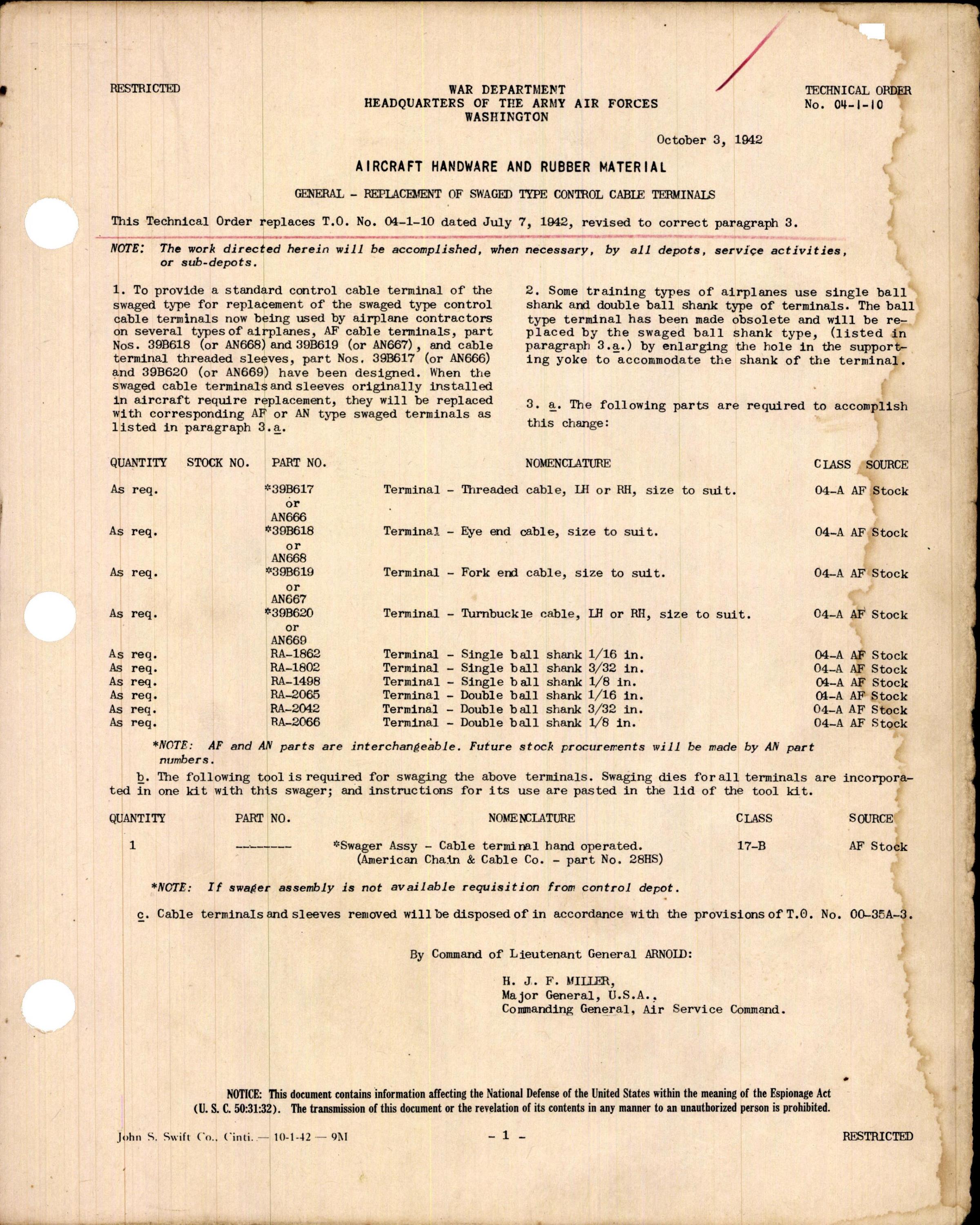 Sample page 1 from AirCorps Library document: Replacement of Swaged Type Control Cable Terminals