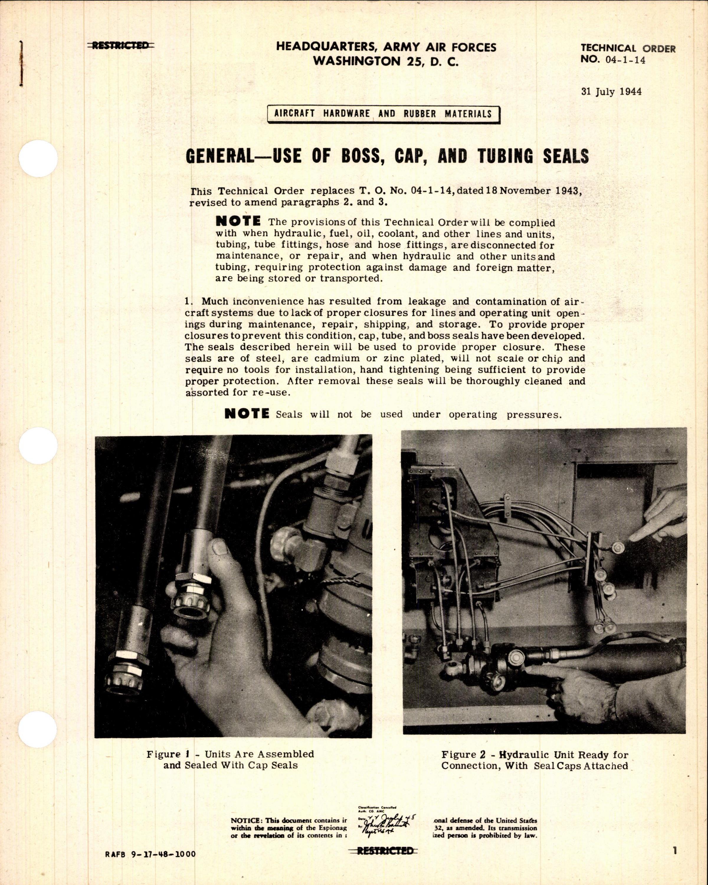 Sample page 1 from AirCorps Library document: Use of Boss, Cap, and Tubing Seals