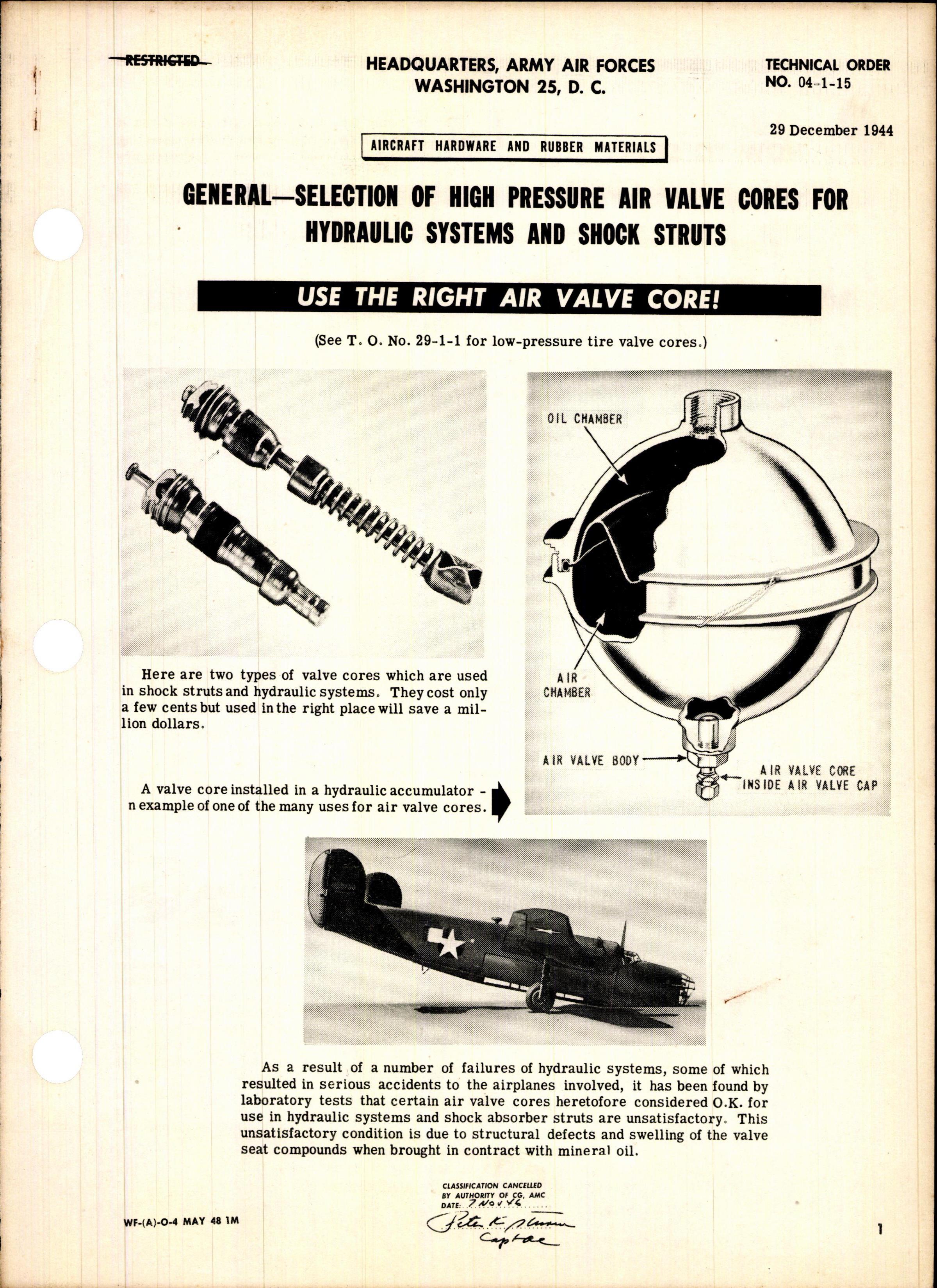 Sample page 1 from AirCorps Library document: Selection of High Pressure Air Valve Cores for Hydraulic Systems and Shock Struts