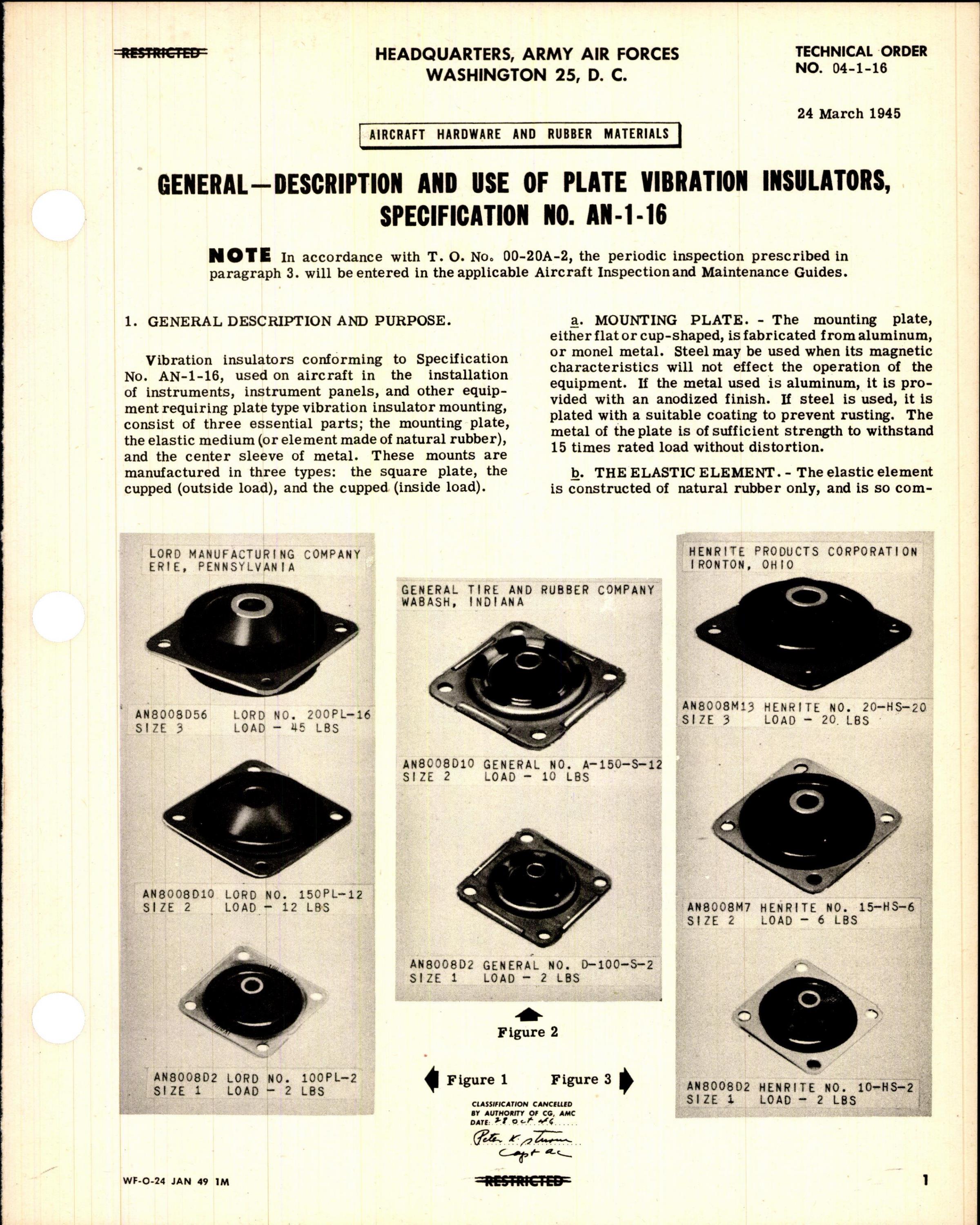 Sample page 1 from AirCorps Library document: Description and Use of Plate Vibration Insulators Specification No. AN-1-16
