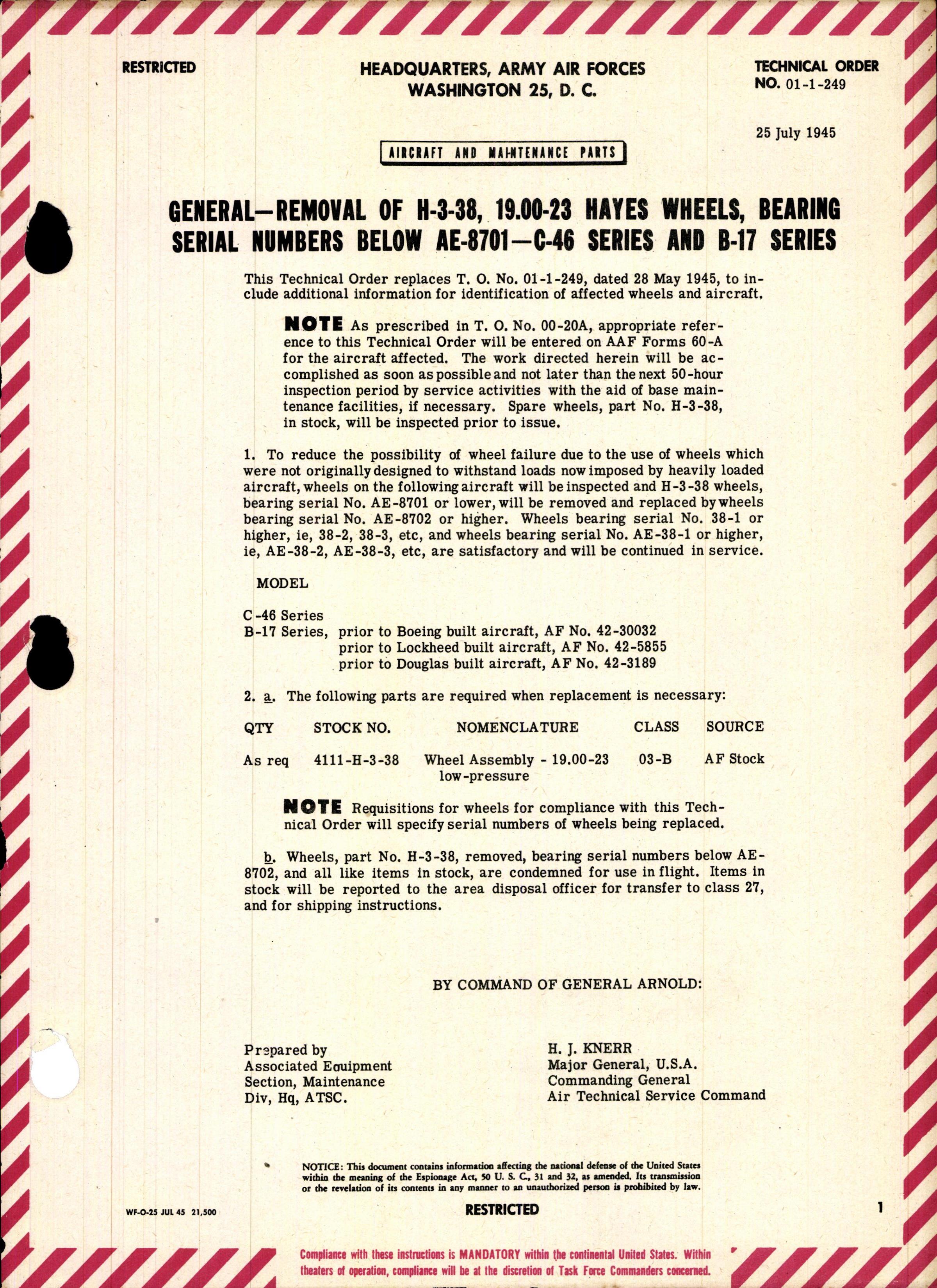 Sample page 1 from AirCorps Library document: Removal of H-3-38, 19.00-23 Wheels, Bearing Serial Numbers Below AE-8701