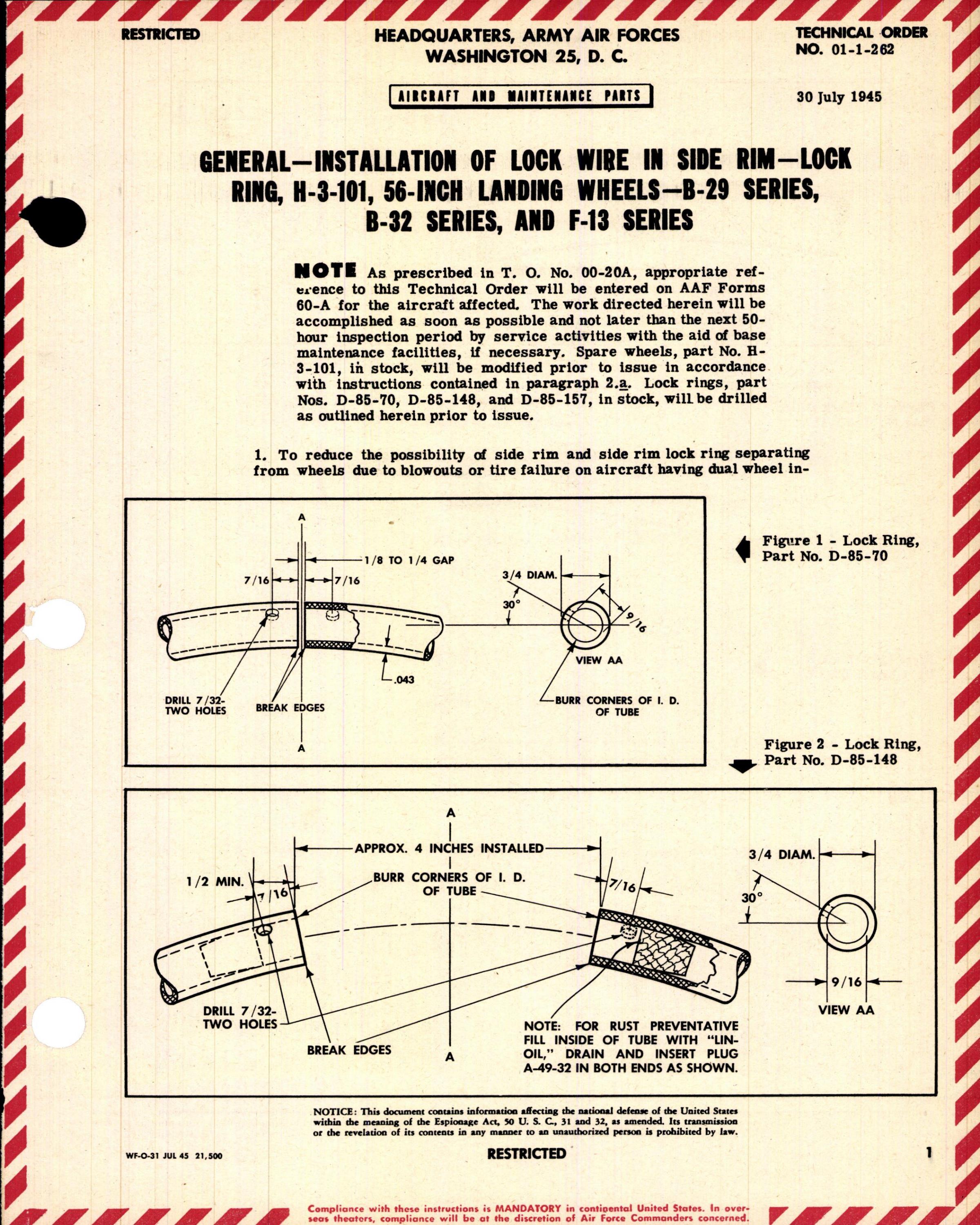 Sample page 1 from AirCorps Library document: Installation of Lock Wire in Side Rim - Lock Ring, H-3-101, 56-Inch Landing Wheels