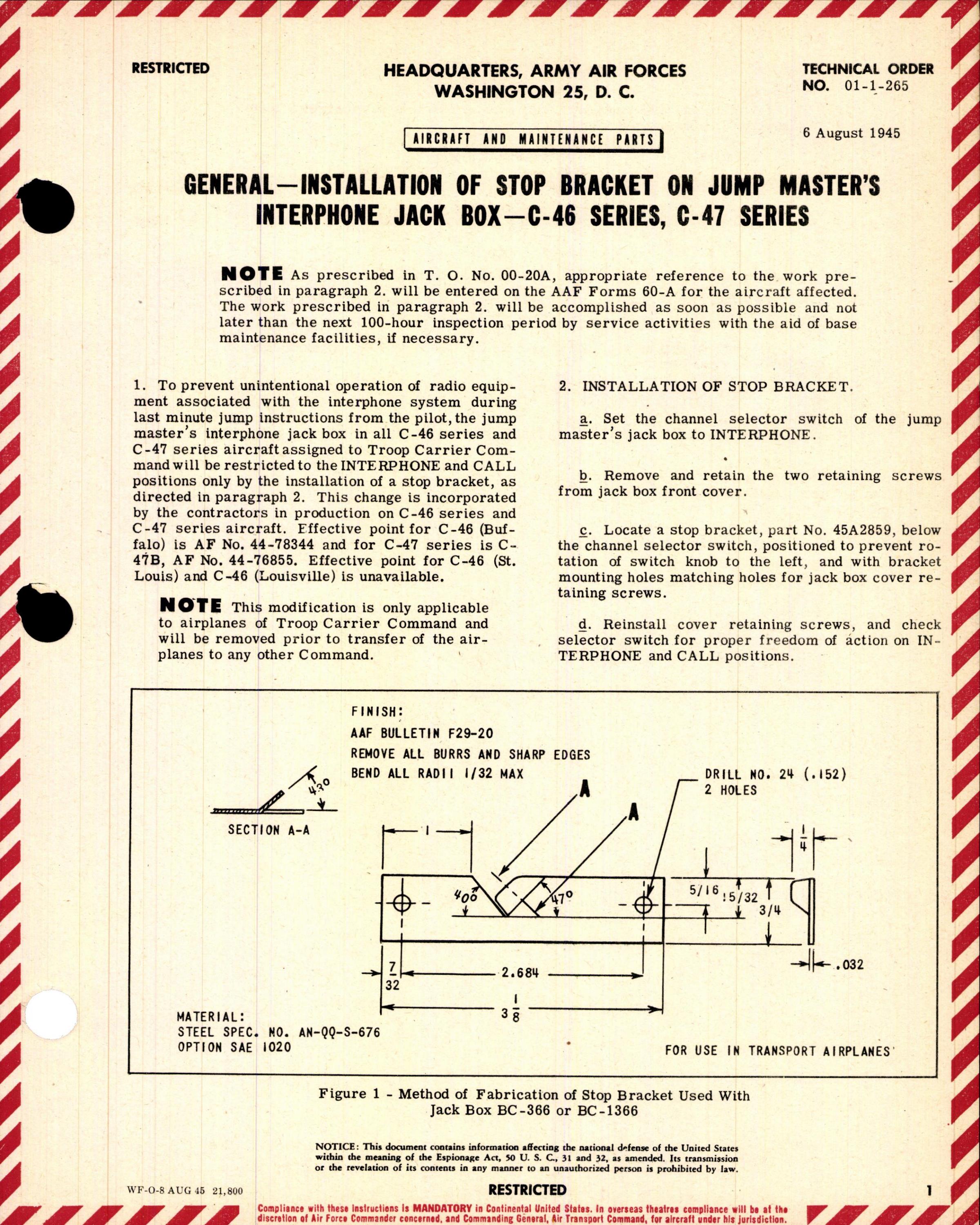 Sample page 1 from AirCorps Library document: Installation of Stop Bracket on Jump Masters's Interphone Jack Box
