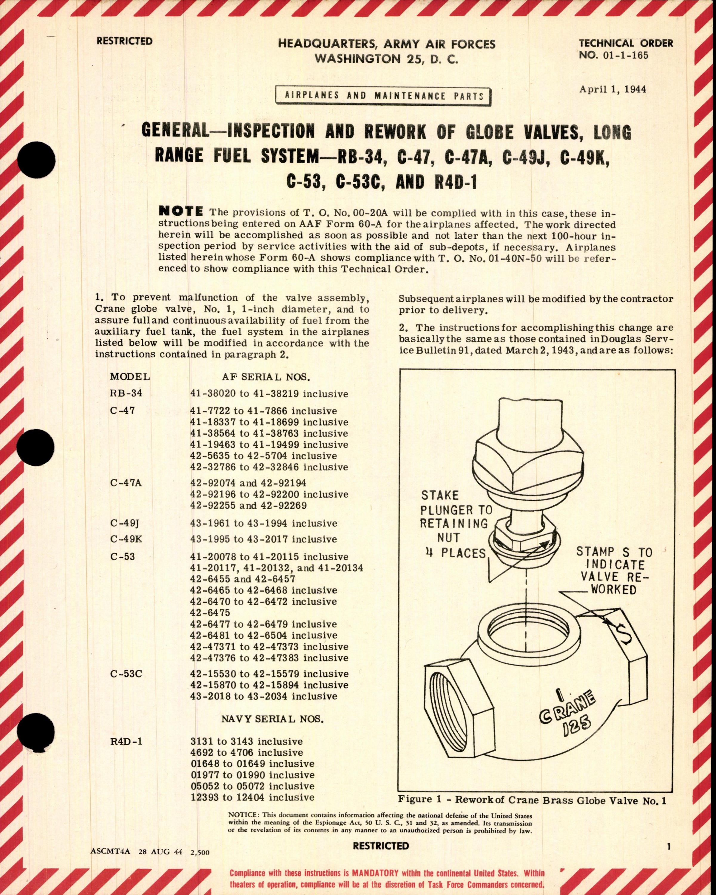 Sample page 1 from AirCorps Library document: Inspection and Rework of Globe Valves in Long Range Fuel System