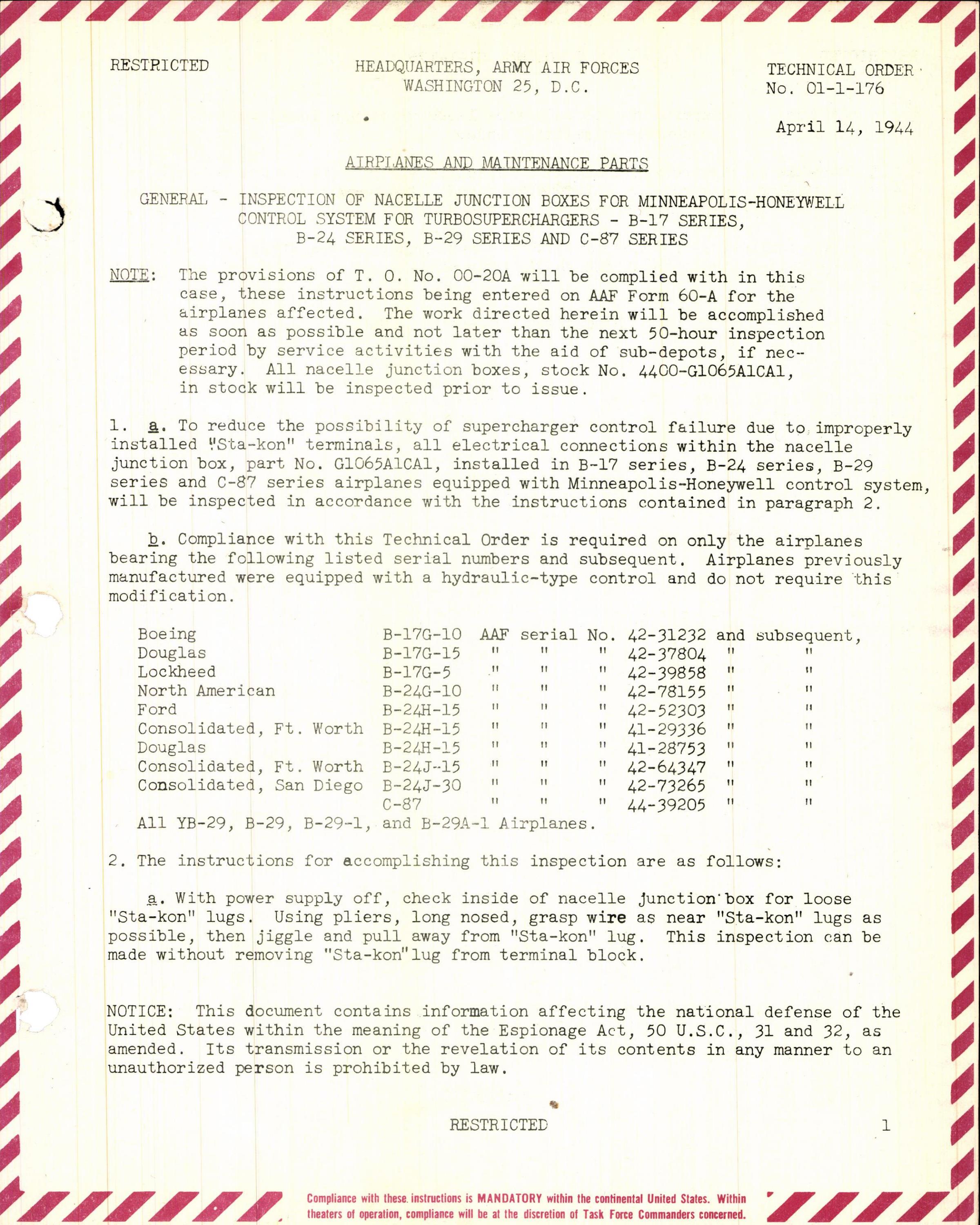 Sample page 1 from AirCorps Library document: Inspection of Nacelle Junction Boxes for Minneapolis-Honeywell Control System for Turbosuperchargers 