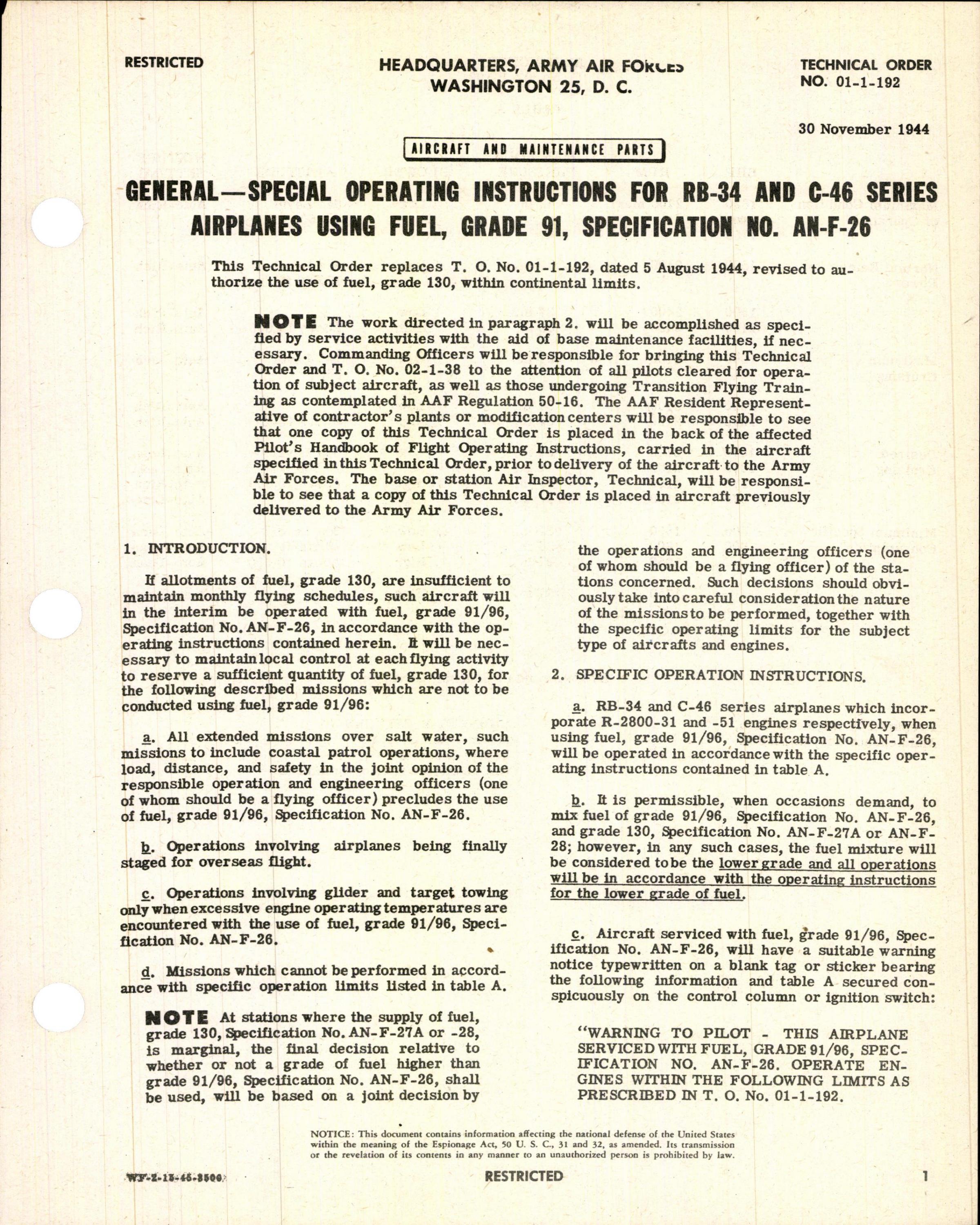 Sample page 1 from AirCorps Library document: Special Operating Instructions for RB-34 and C-46 Series Airplanes using Fuel Grade 91