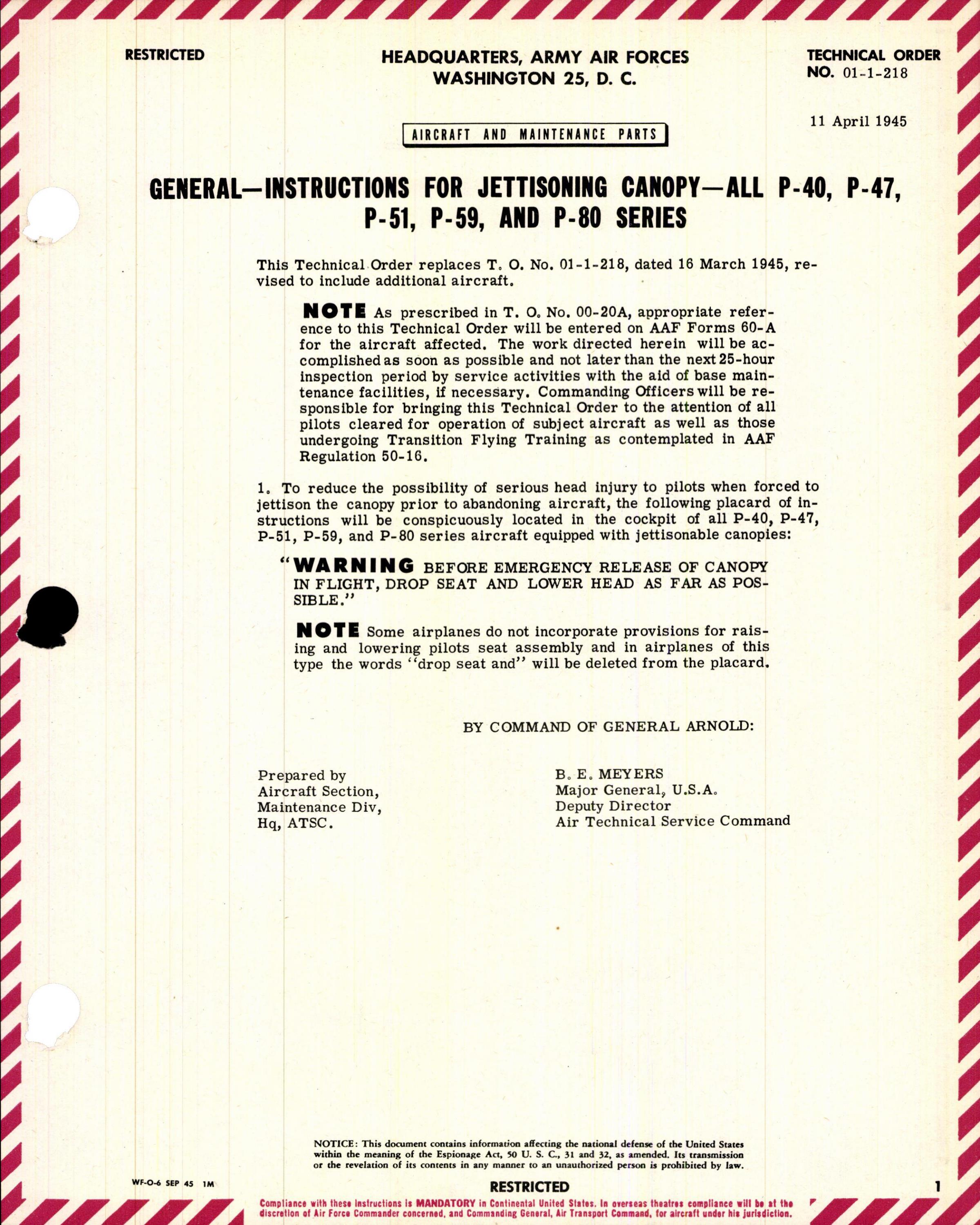 Sample page 1 from AirCorps Library document: Instructions for Jettisoning Canopy