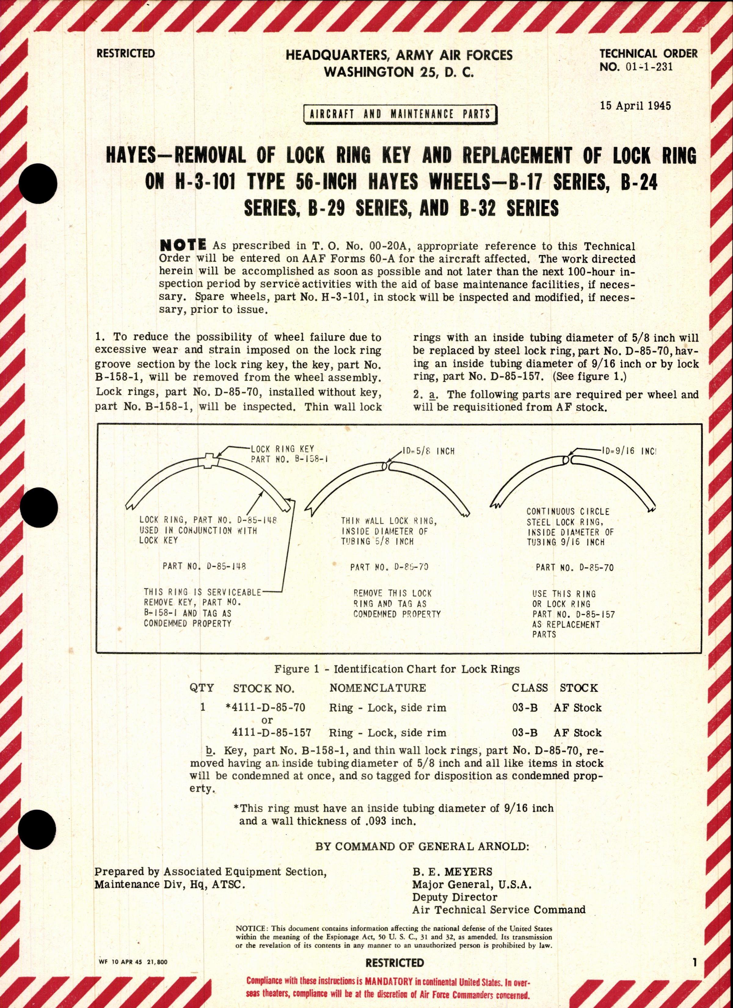 Sample page 1 from AirCorps Library document: Removal of Lock Ring Key & Replacement of Lock Ring on H-3-101 Type Hayes Wheels