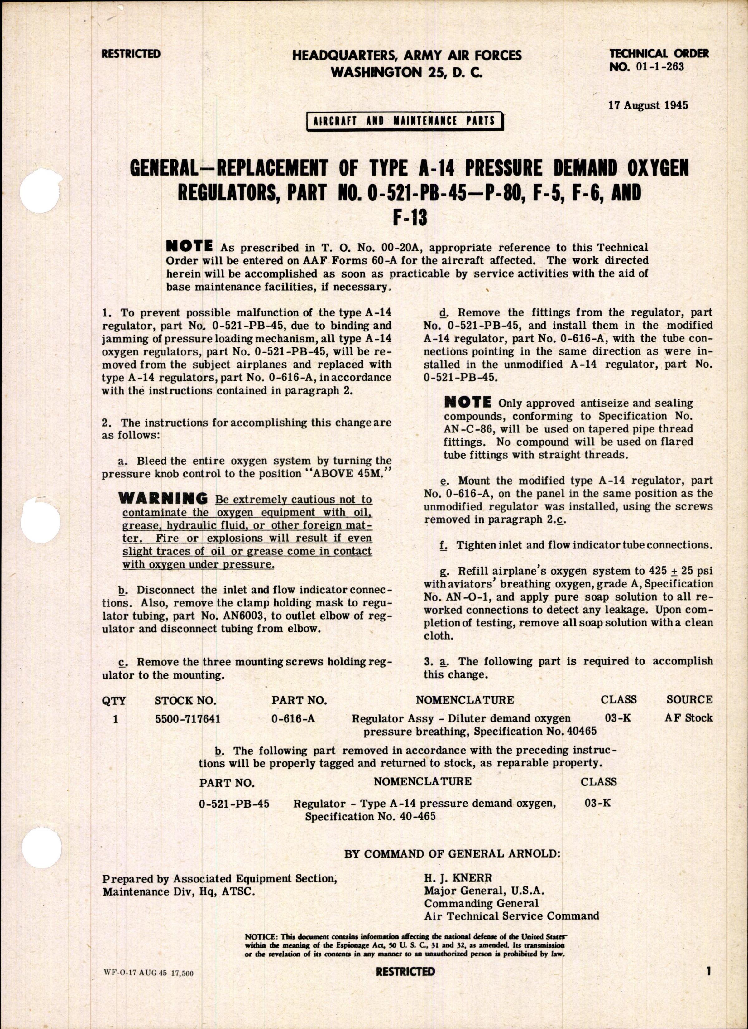 Sample page 1 from AirCorps Library document: Replacement of Type A-14 Pressure Demand Oxygen Regulators Part No. 0-521-PB-45