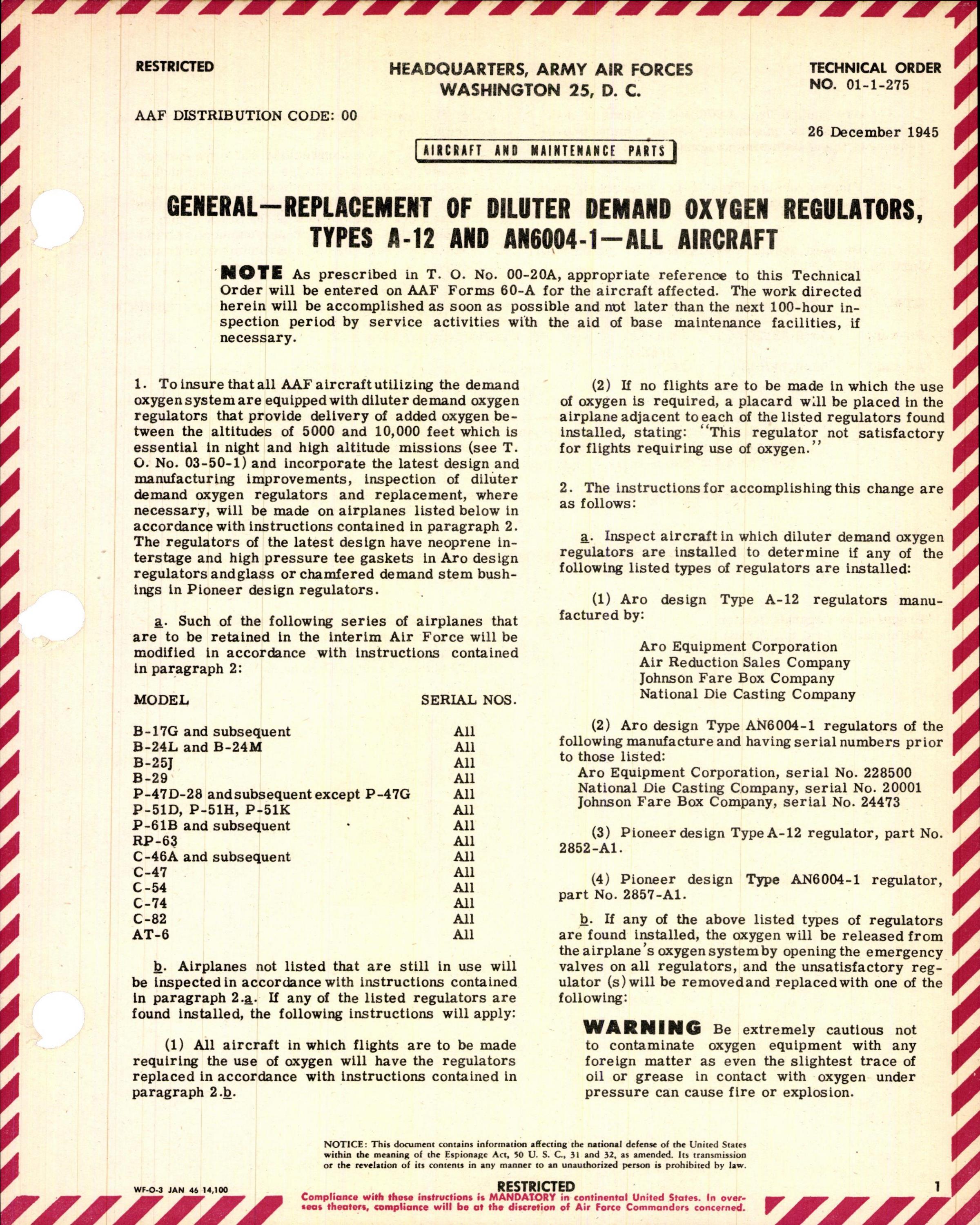 Sample page 1 from AirCorps Library document: Replacement of Diluter Demand Oxygen Regulators, Types A-12, and AN6004-1