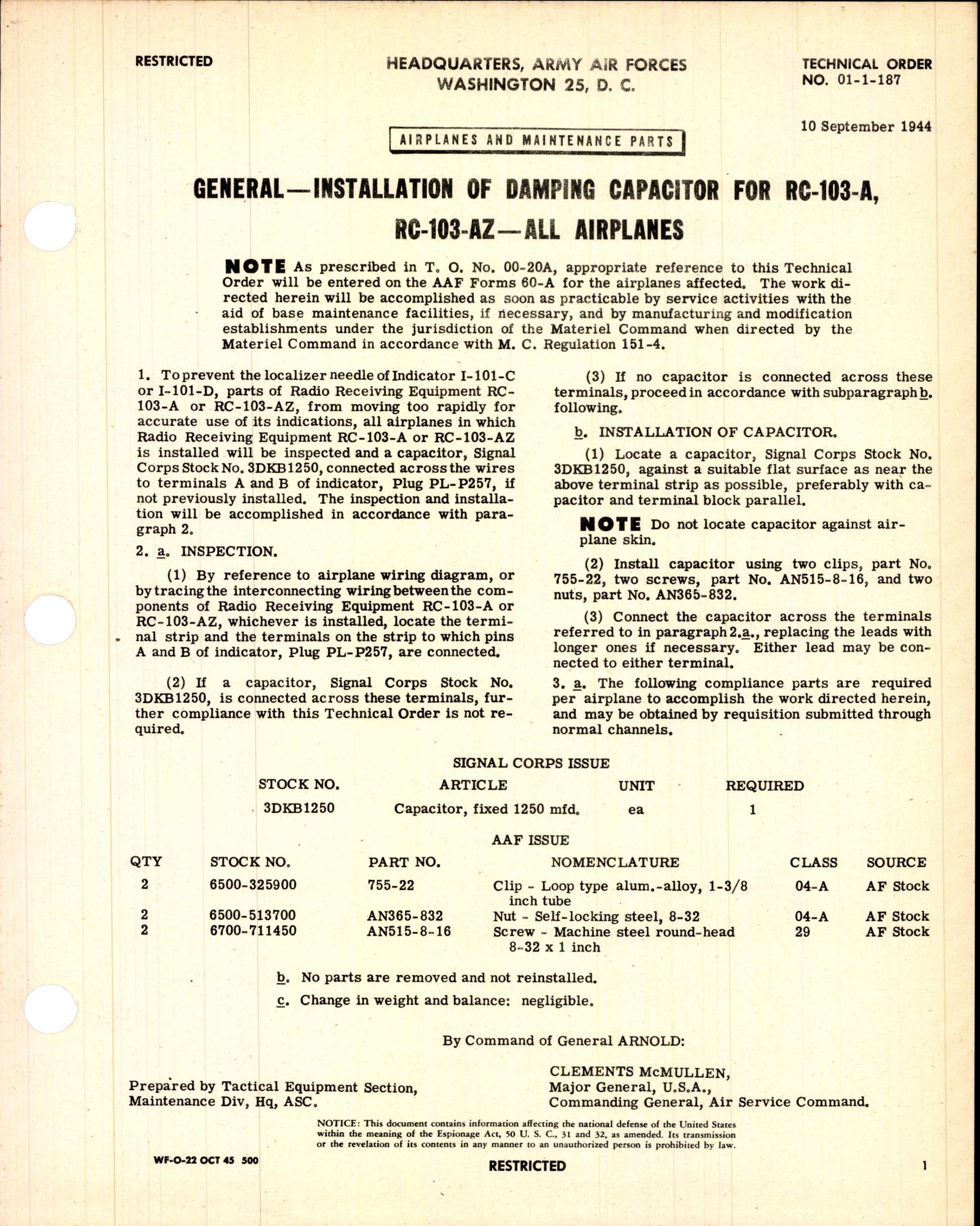 Sample page 1 from AirCorps Library document: Installation of Damping Capacitor for RC-103-A and RC-103-AZ