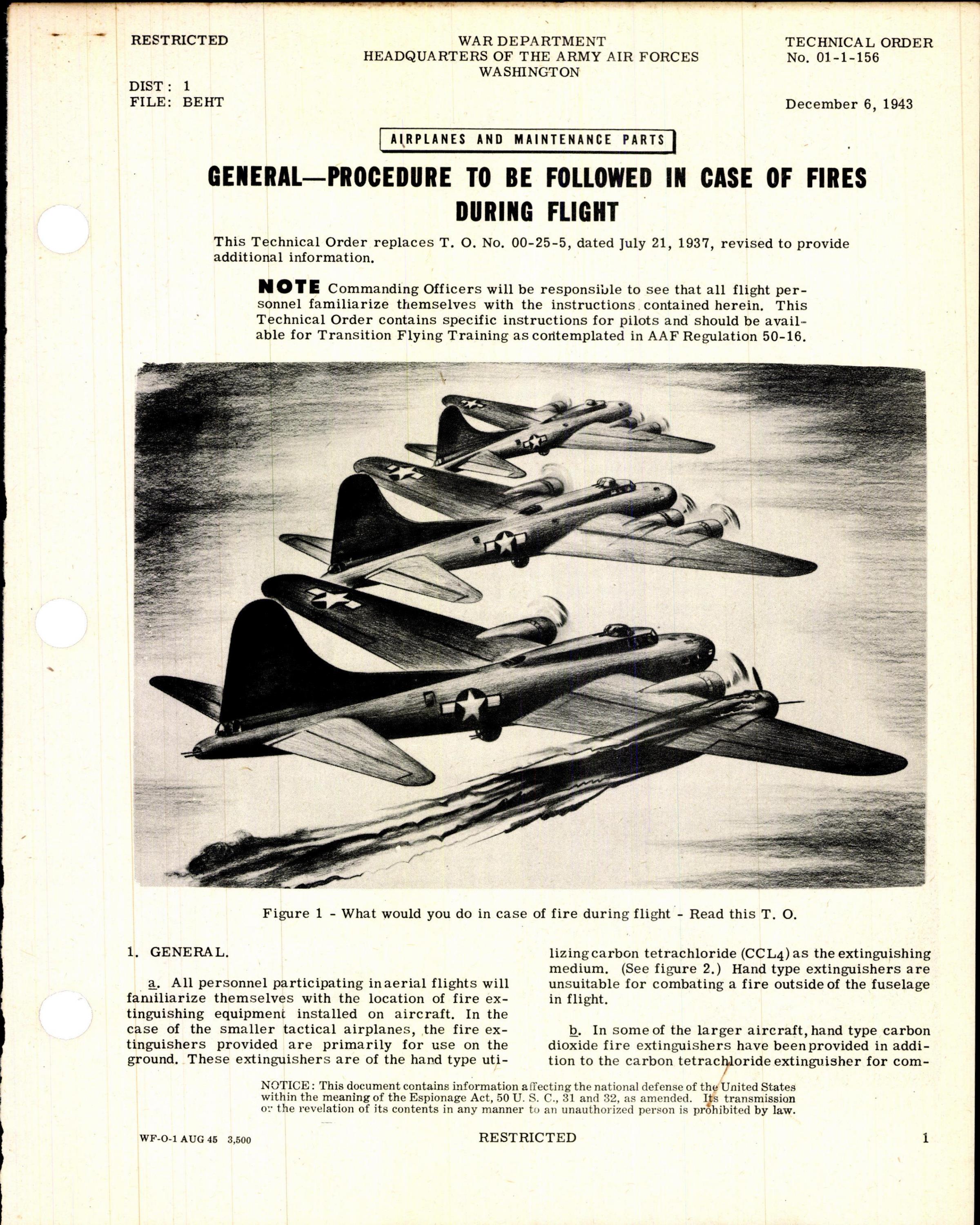 Sample page 1 from AirCorps Library document: Procedure to Be Followed In Case of Fires During Flight