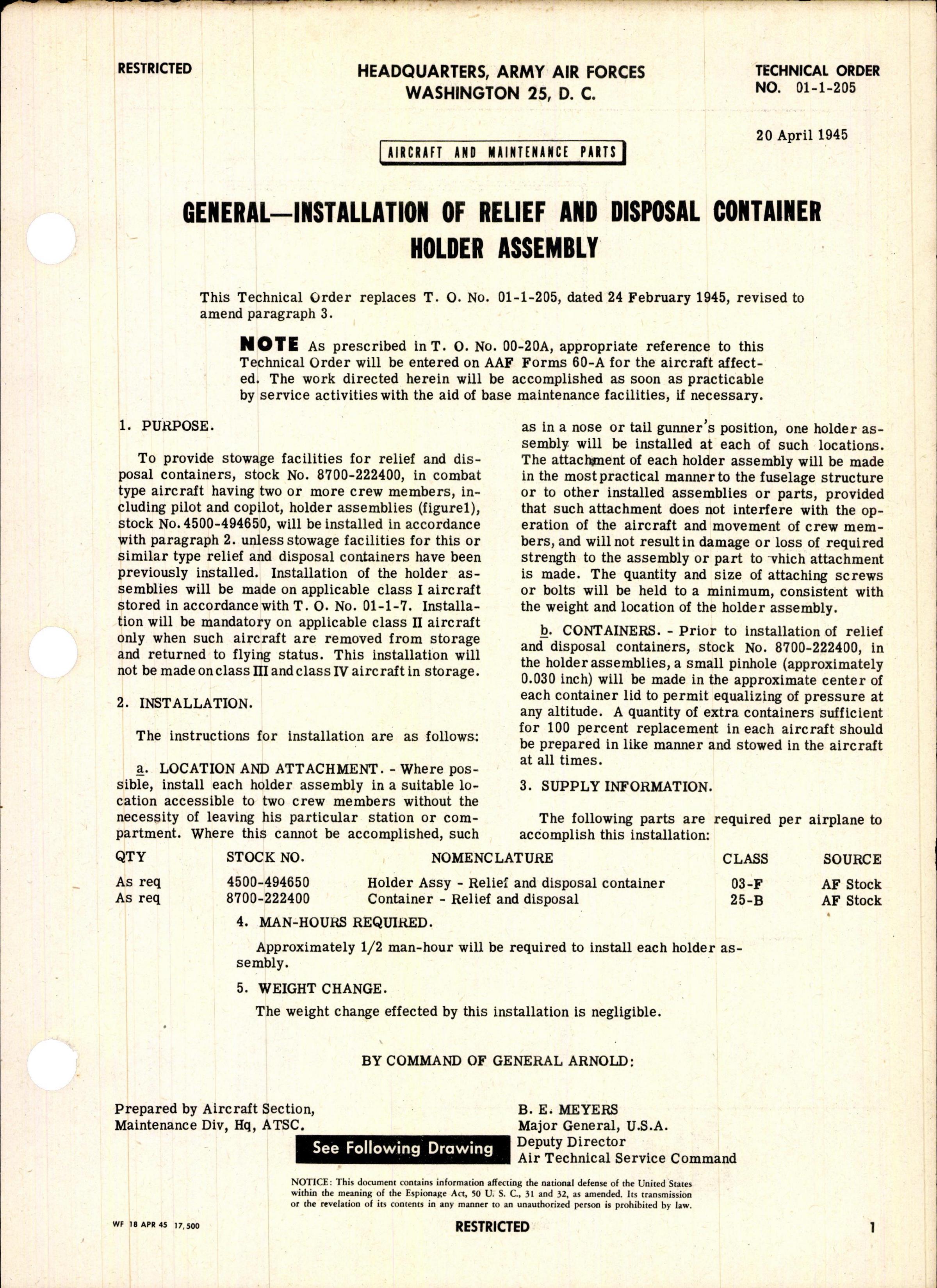 Sample page 1 from AirCorps Library document: Installation of Relief and Disposal Container Holder Assembly