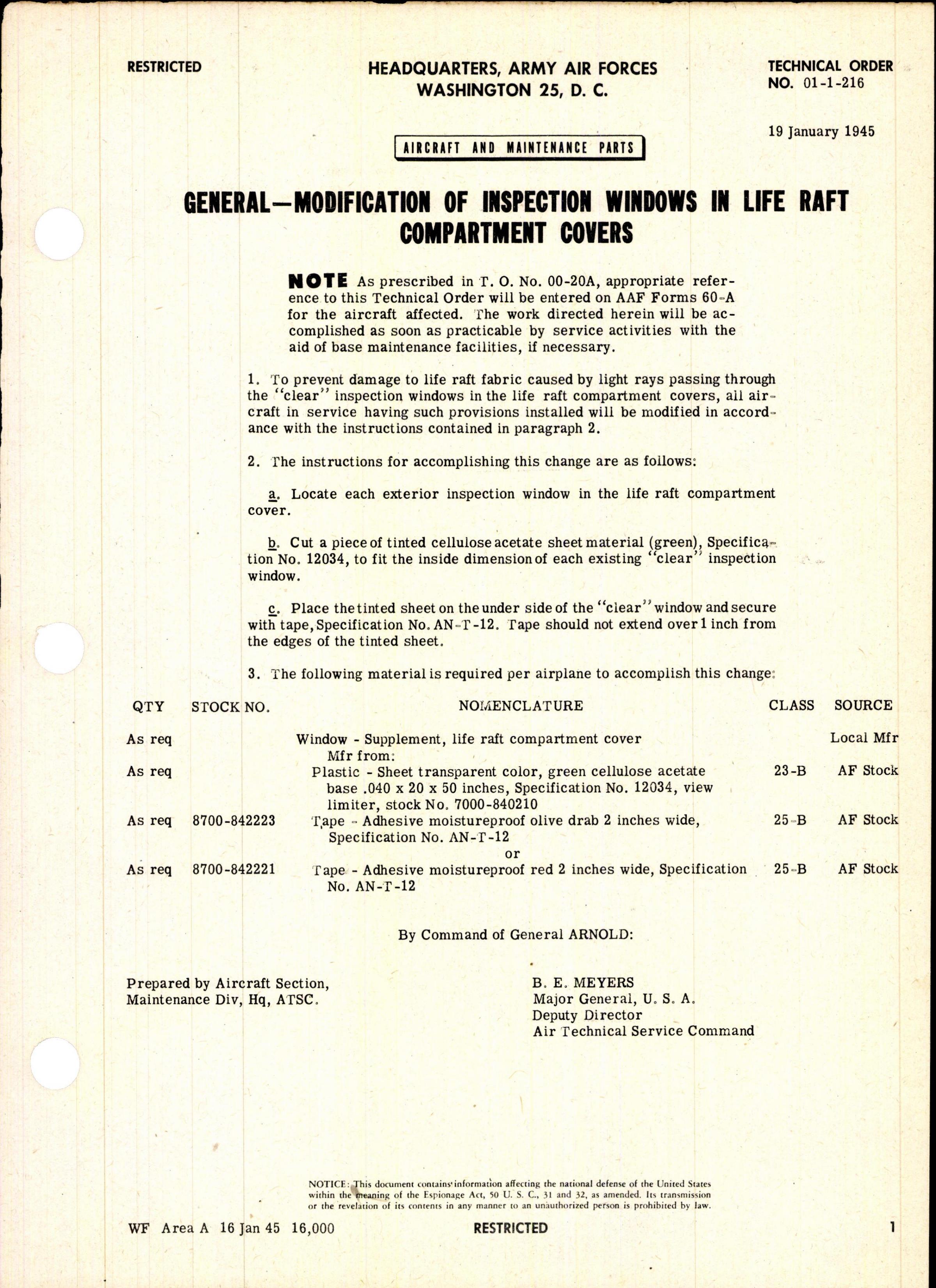 Sample page 1 from AirCorps Library document: Modification of Inspection Windows in Life Raft Compartment Covers