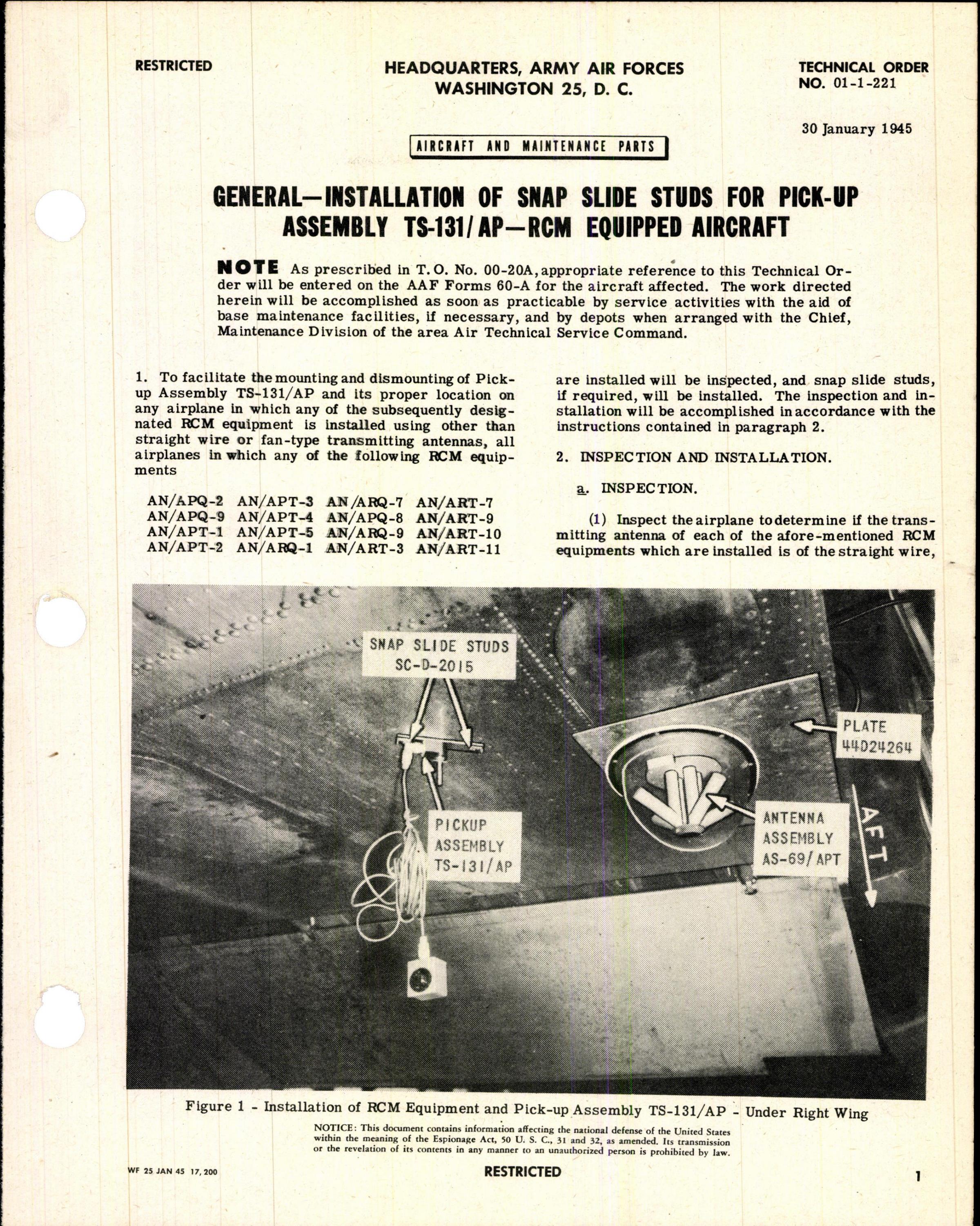 Sample page 1 from AirCorps Library document: Installation of Snap Slide Studs for Pick-Up Assembly TS-131-AP