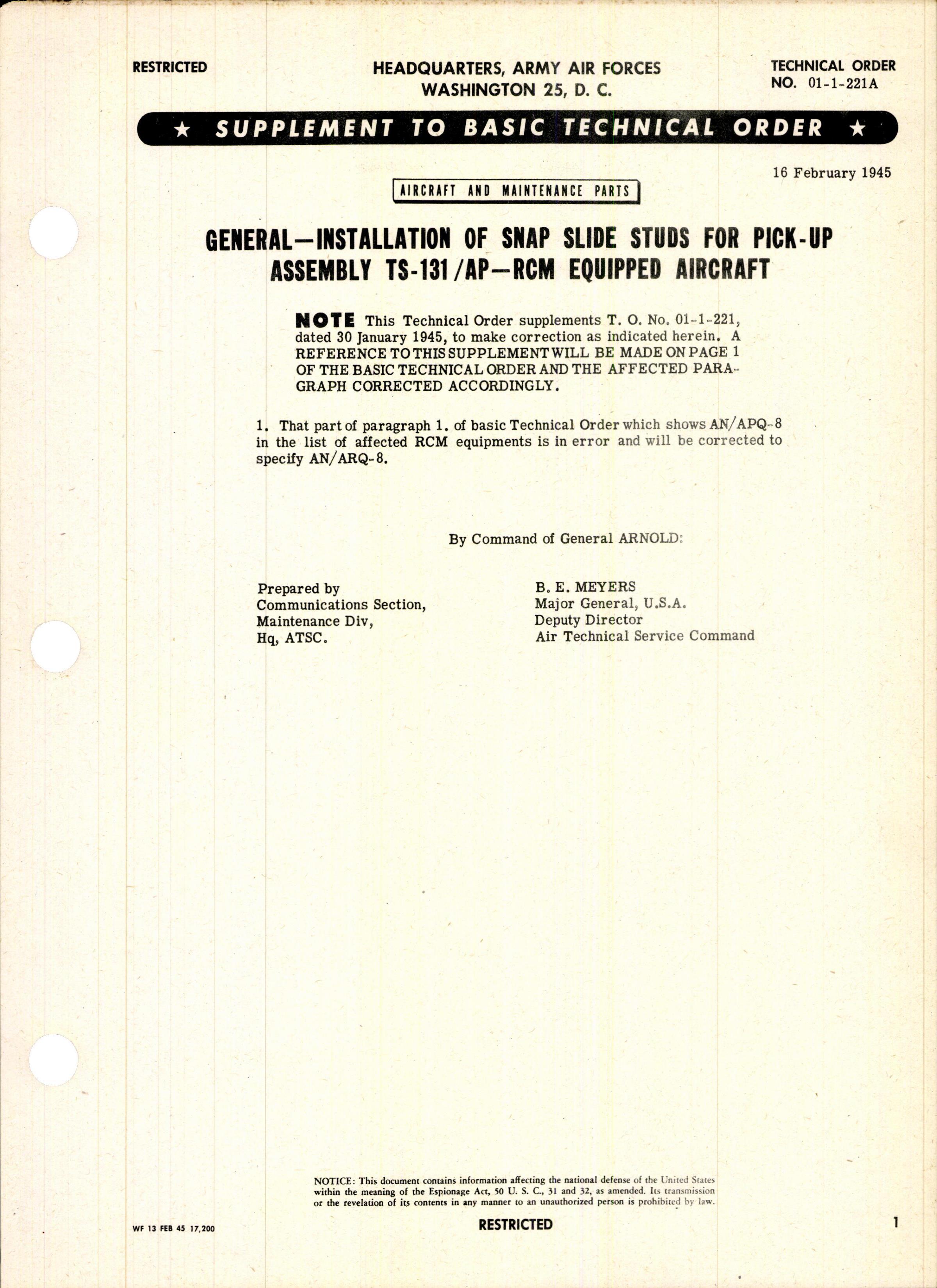 Sample page 1 from AirCorps Library document: Installation of Snap Slide Studs for Pick-Up Assembly TS-131-AP