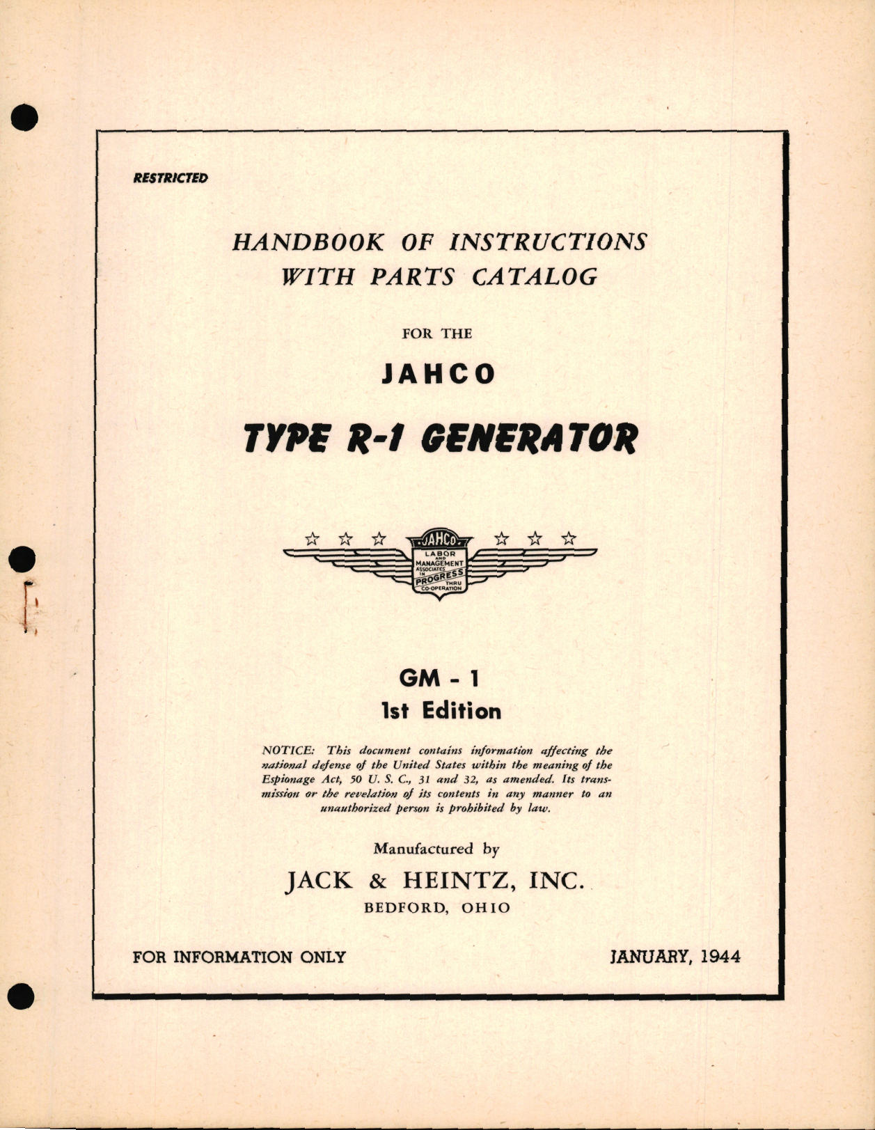 Sample page 1 from AirCorps Library document: Handbook of Instructions with Parts Catalog for the Jahco Type R-1 Generator