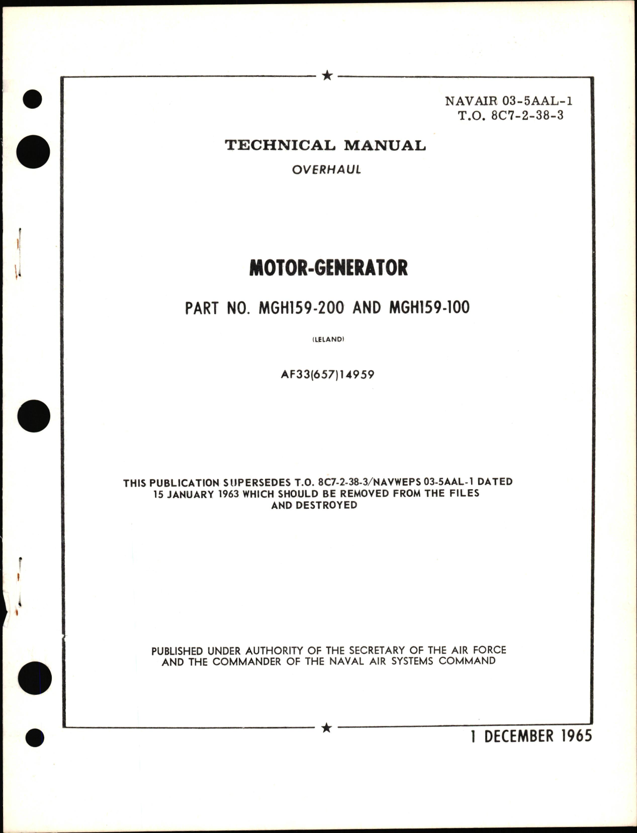 Sample page 1 from AirCorps Library document: Overhaul Manual for Motor-Generator Part Nos. MGH159-200 & MGH159-100