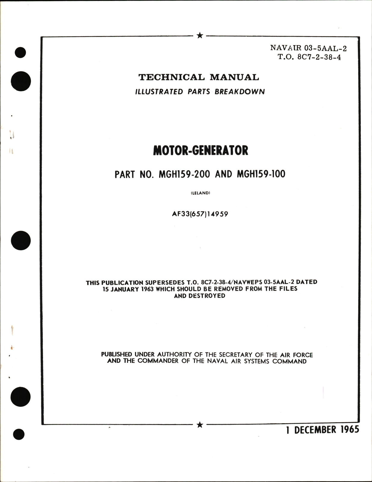Sample page 1 from AirCorps Library document: Illustrated Parts Breakdown for Motor-Generator Part Nos. MGH159-200 & MGH159-100