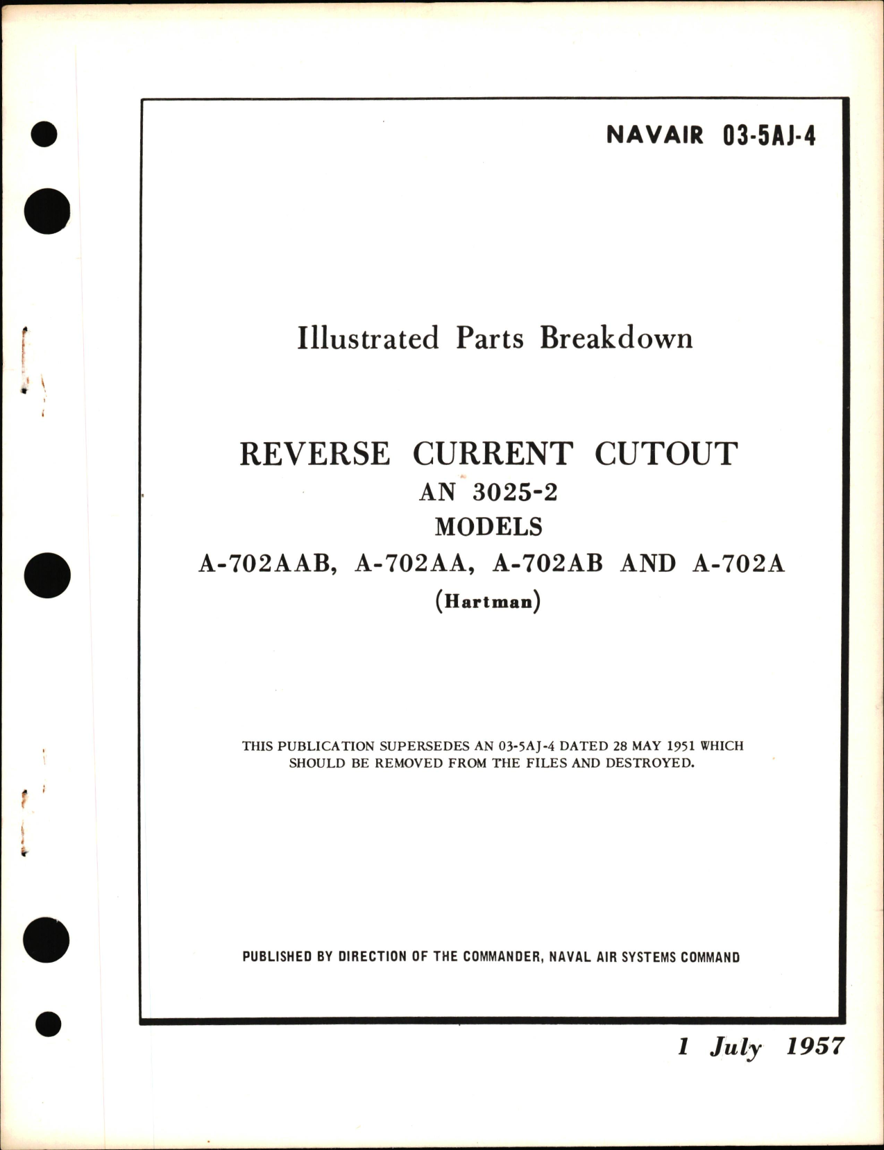 Sample page 1 from AirCorps Library document: Illustrated Parts Breakdown for Reverse Current Cutout AN 3025-2 Models A-702AAB, A-702AA, A-702-AB, & A-702A