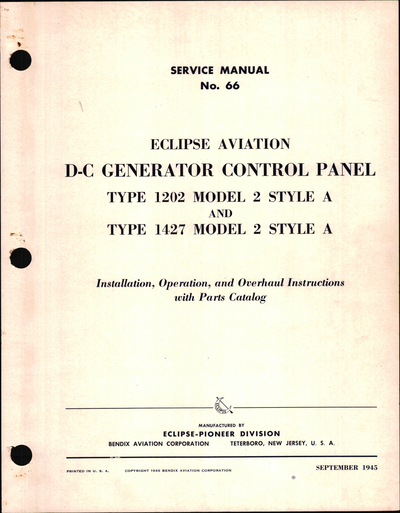Sample page 1 from AirCorps Library document: Installation, Operation and Overhaul Instructions with Parts Catalog for Generator Control Panel Types 1202 and 1427