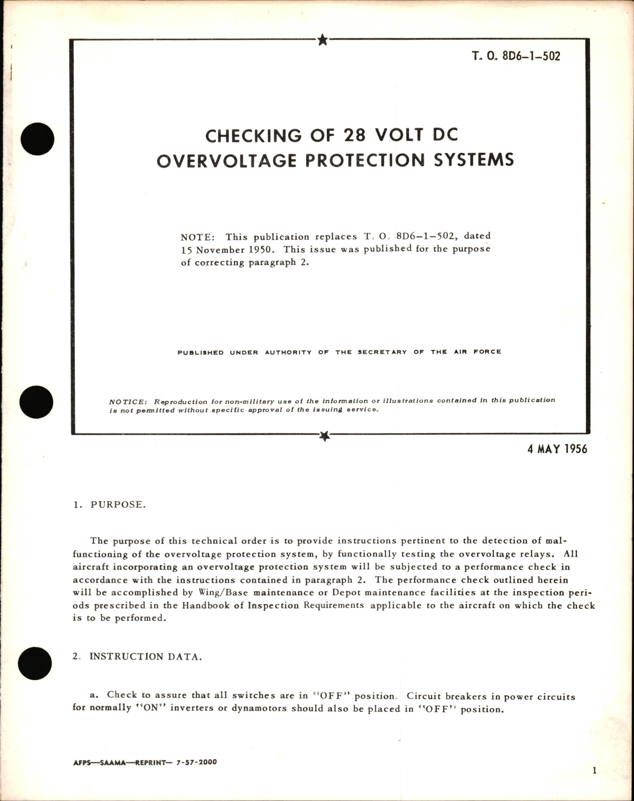 Sample page 1 from AirCorps Library document: Checking of 28 Volt DC Overvoltage Protection Systems 