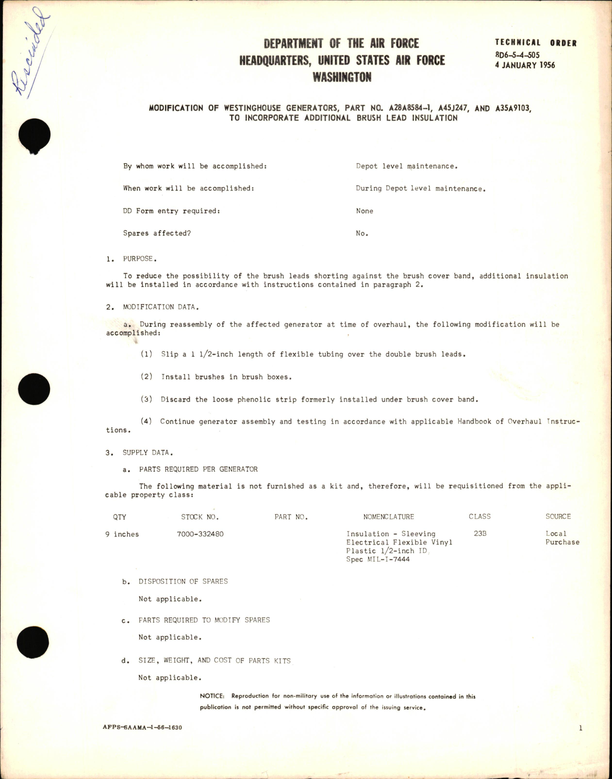 Sample page 1 from AirCorps Library document: Modification of Westinghouse Generators Part Nos. A28A8584-1, A45J247, & A35A9103 to Incorporate Additional Brush Lead Insulation