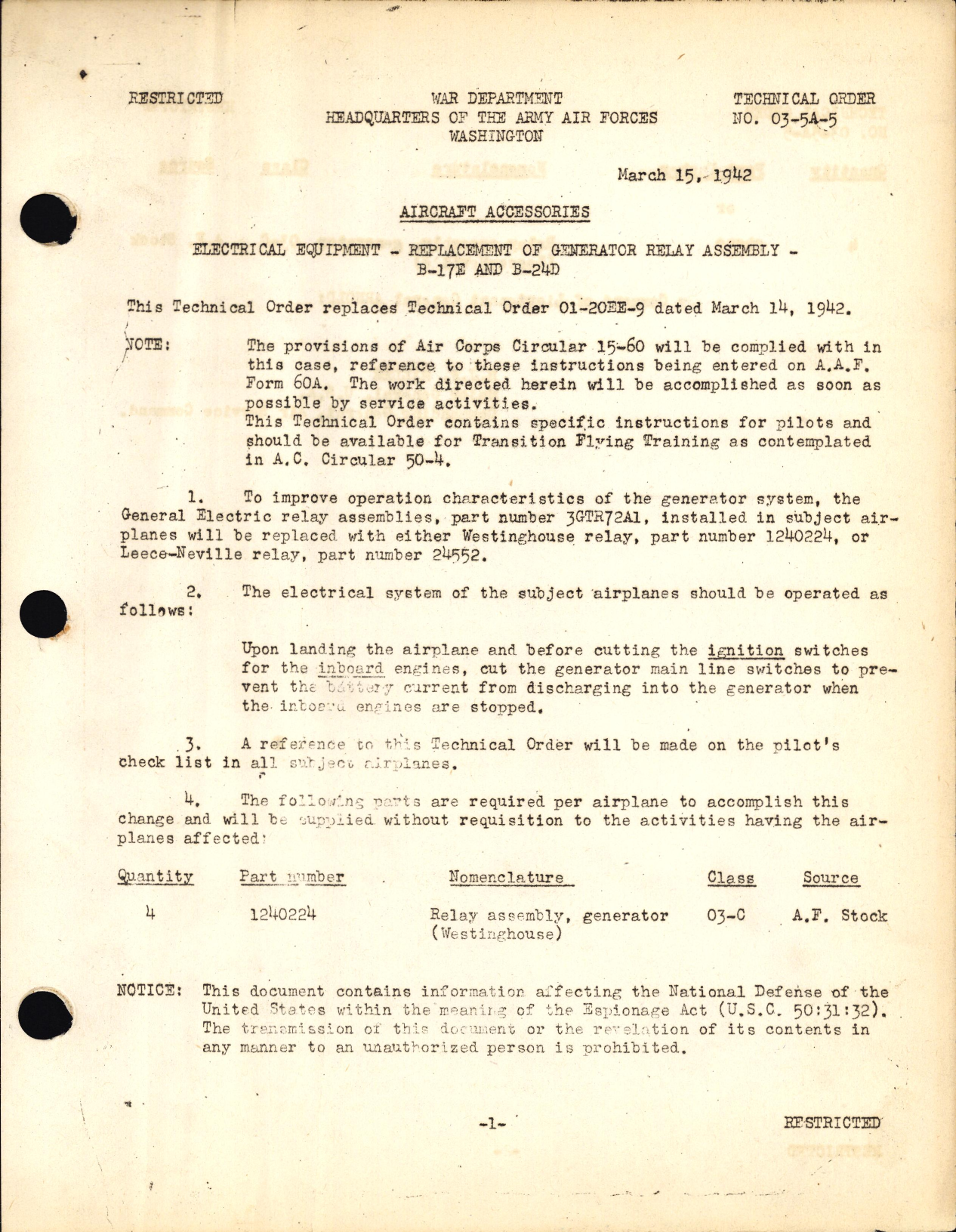 Sample page 1 from AirCorps Library document: Replacement of Generator Relay Assembly on B-17E & B-24D, 