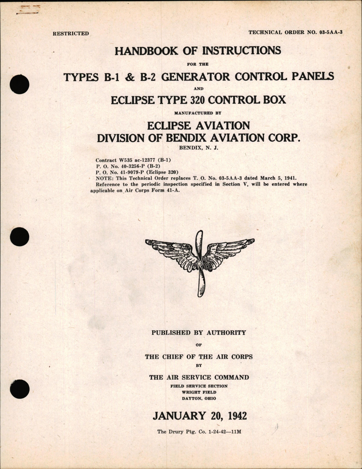 Sample page 1 from AirCorps Library document: Instructions for Types B-1 & B-2 Generator Control Boxes and Eclipse Type 320 Control Box