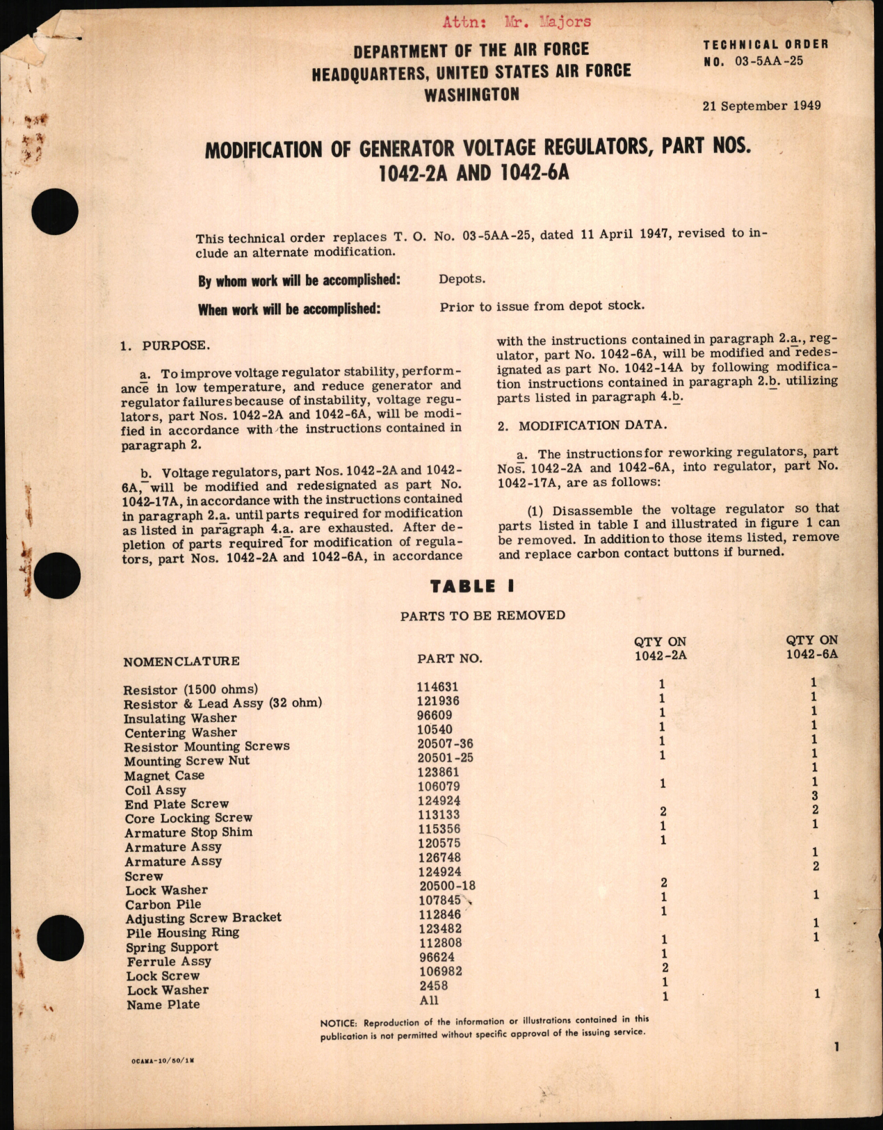 Sample page 1 from AirCorps Library document: Modification of Generator Voltage Regulators, Part Nos. 1042-2A and 1042-6A, 