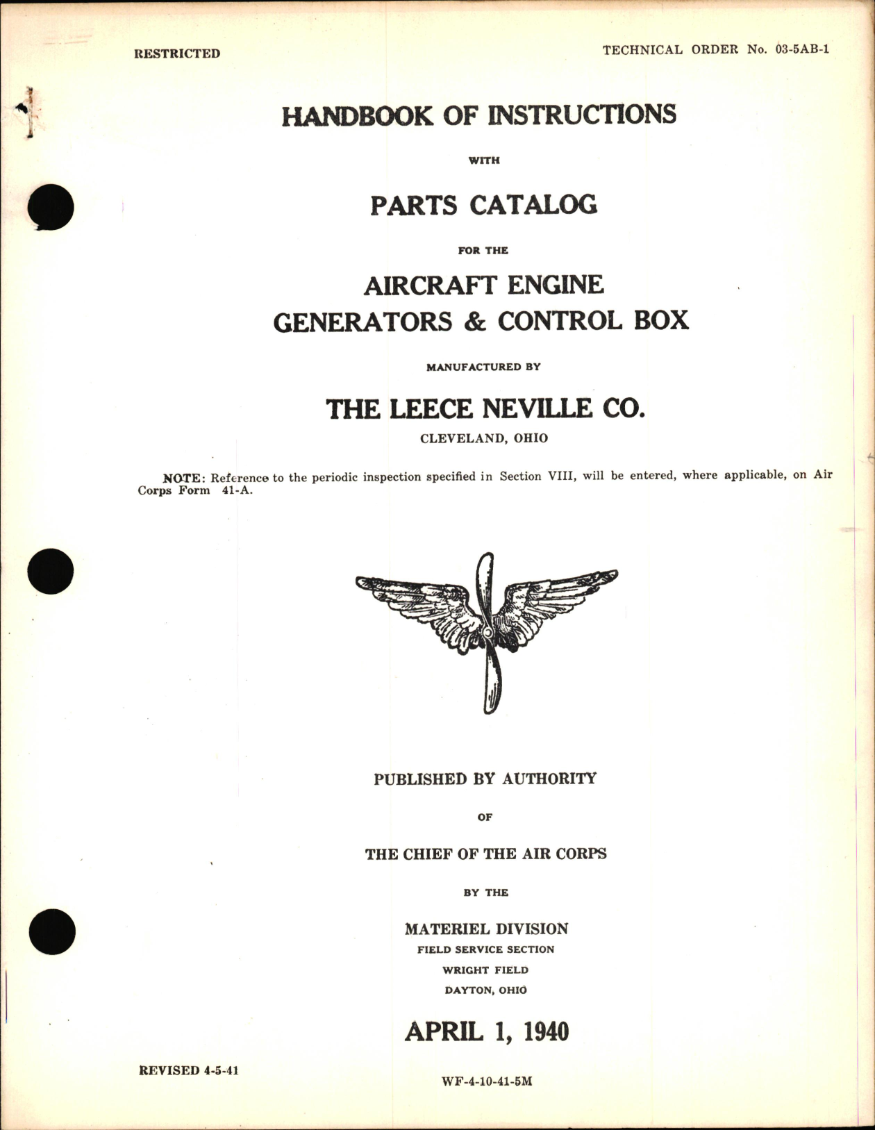 Sample page 1 from AirCorps Library document: Instructions with Parts Catalog for Aircraft Engine Generators and Control Box
