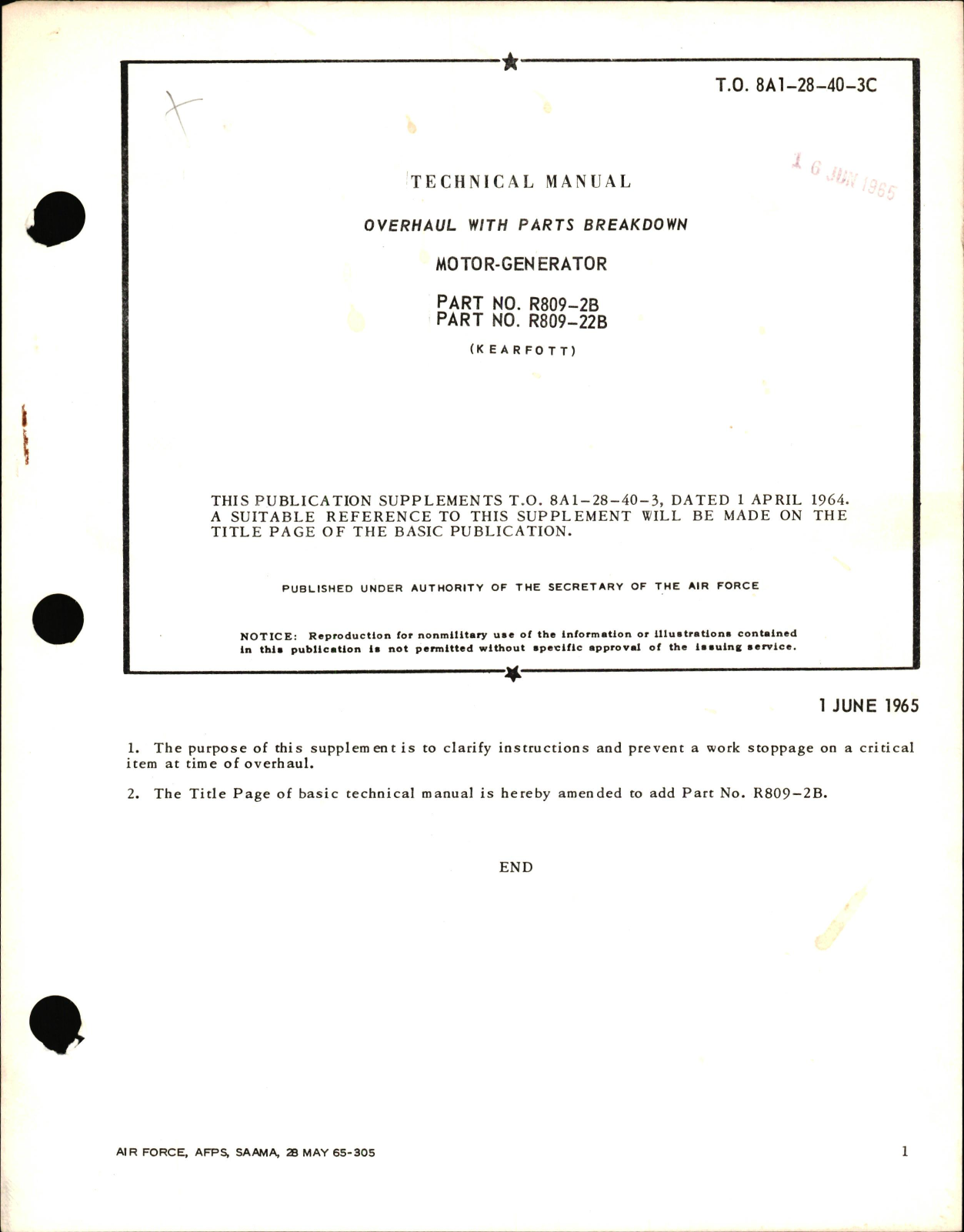 Sample page 1 from AirCorps Library document: Supplement to Overhaul Manual with Parts Breakdown for Motor-Generator Part No. R809-2B, R809-22B 