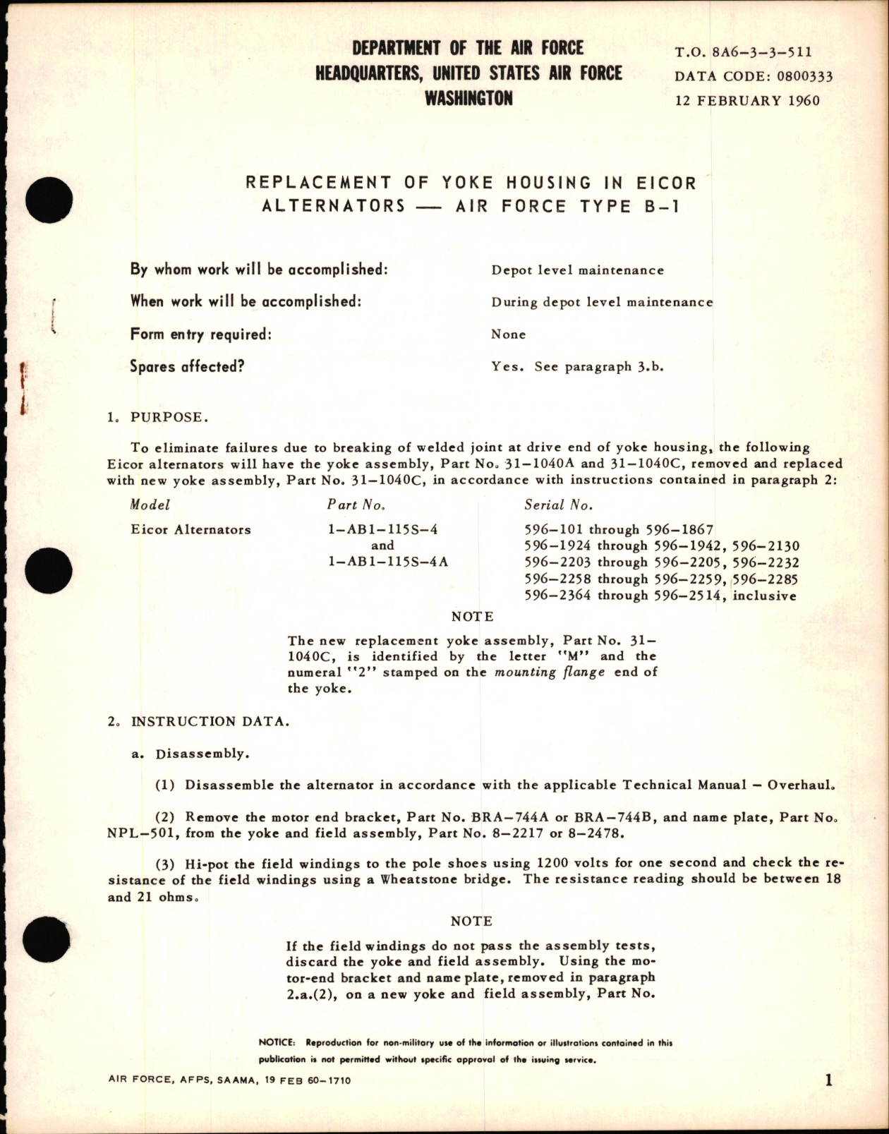 Sample page 1 from AirCorps Library document: Replacement of Yoke Housing in Type B-1 Alternators 