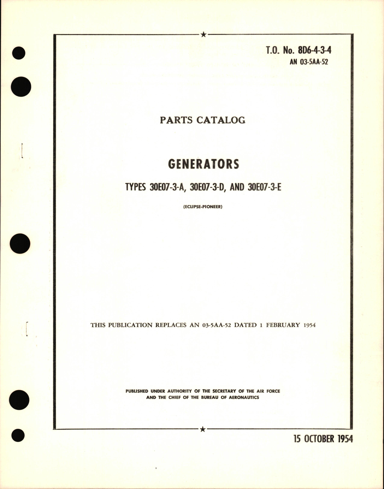 Sample page 1 from AirCorps Library document: Parts Catalog for Generators Types 30E07-3-A, 30E07-3-D, 30E07-3-E 