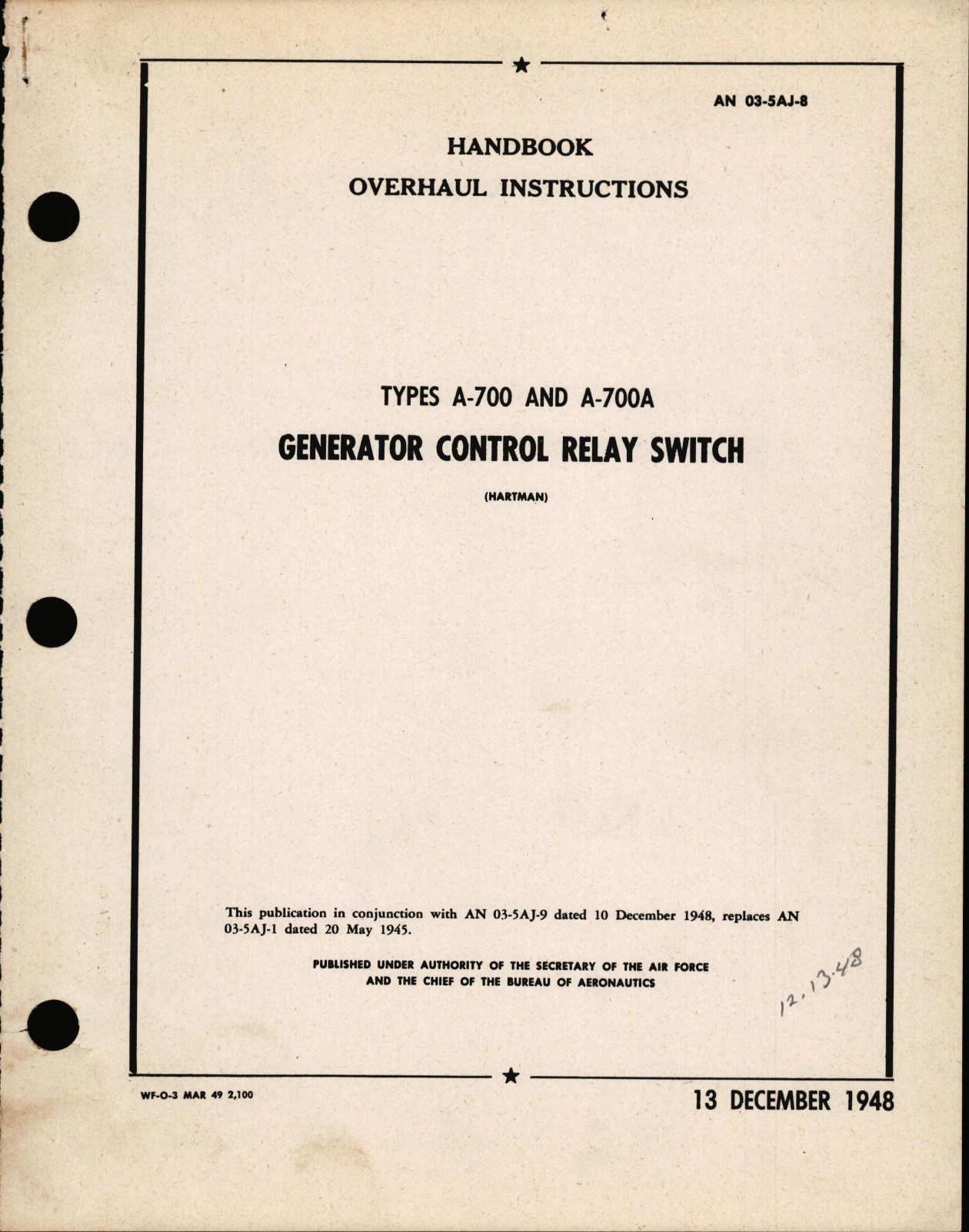 Sample page 1 from AirCorps Library document: Overhaul Instructions for Types A-700 & A-700A Generator Control Relay Switch