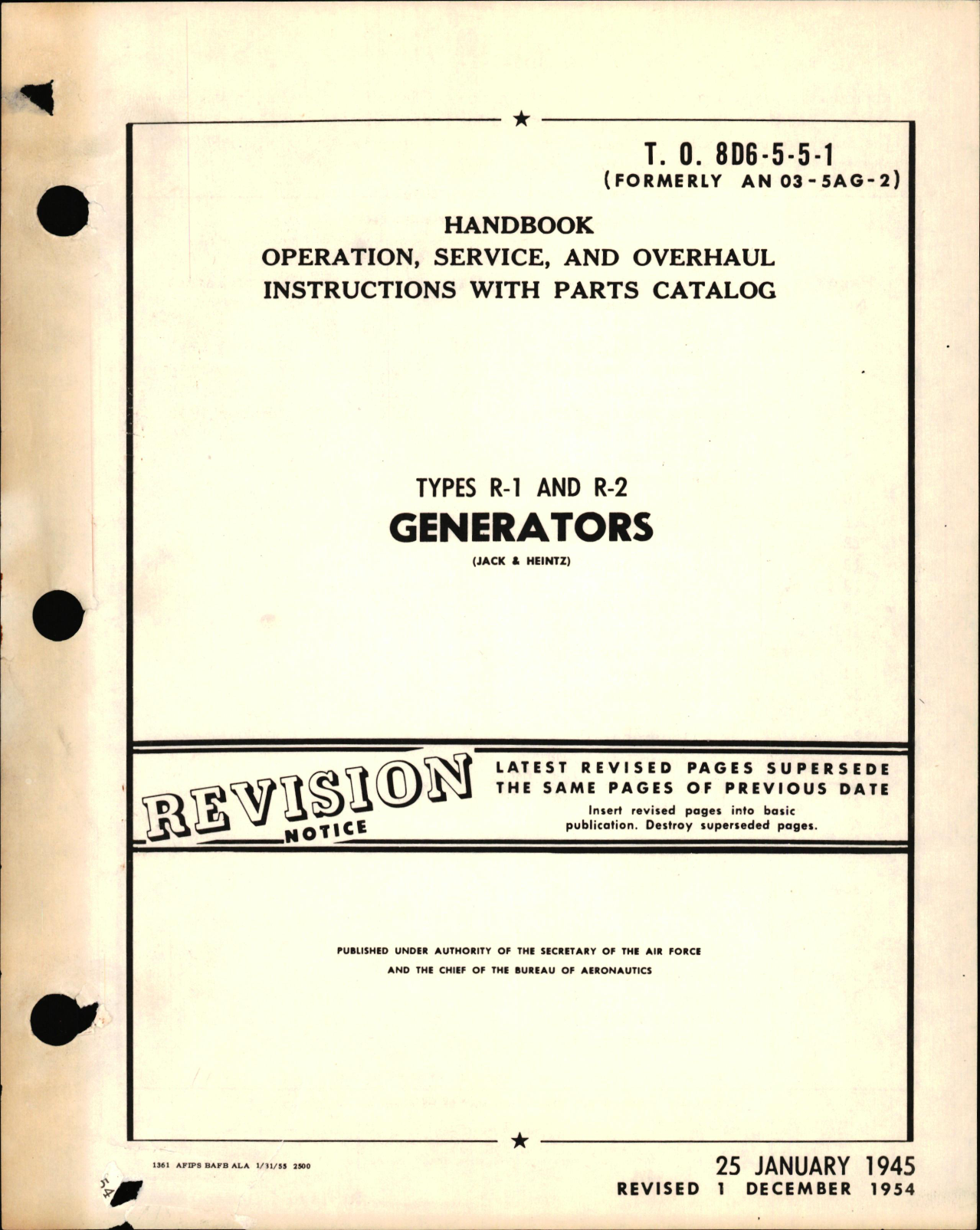 Sample page 1 from AirCorps Library document: Operation, Service, and Overhaul Instructions with Parts Catalog for Types R-1 & R-2 Generators 