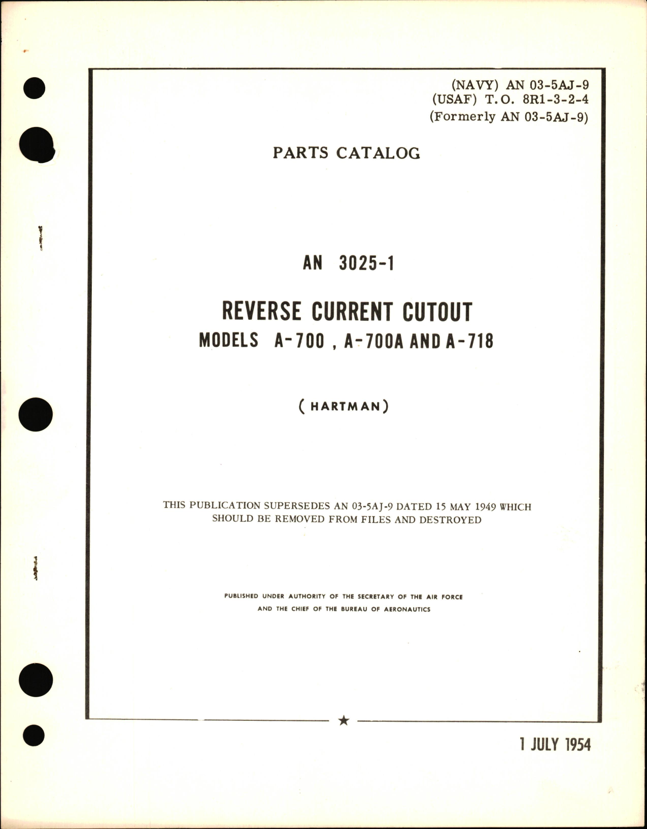 Sample page 1 from AirCorps Library document: Parts Catalog for AN 3025-1 Reverse Current Cutout Model A-700, A-700A, & A-718