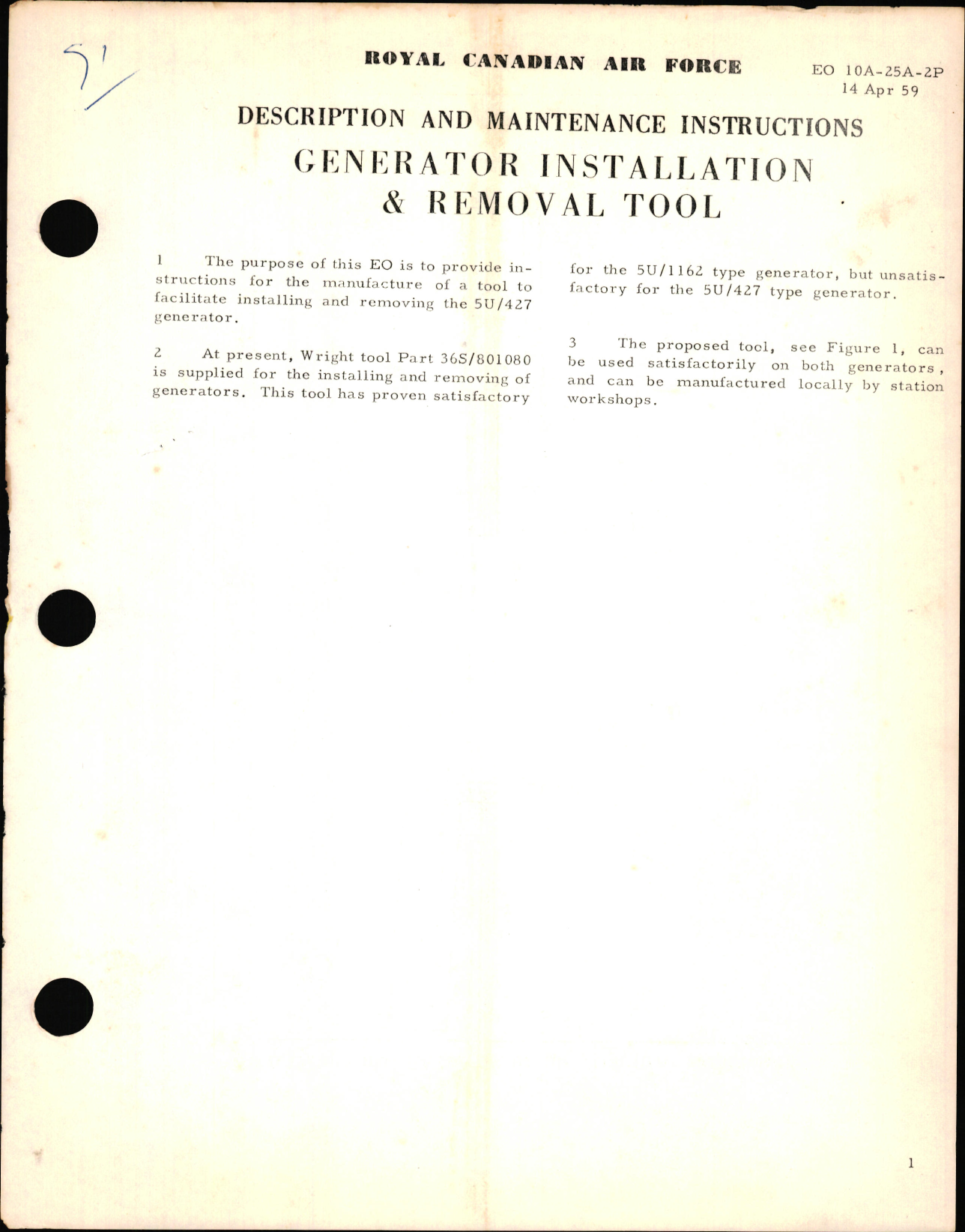 Sample page 1 from AirCorps Library document: Description and Maintenance Instructions for Generator Installation and Removal Tool