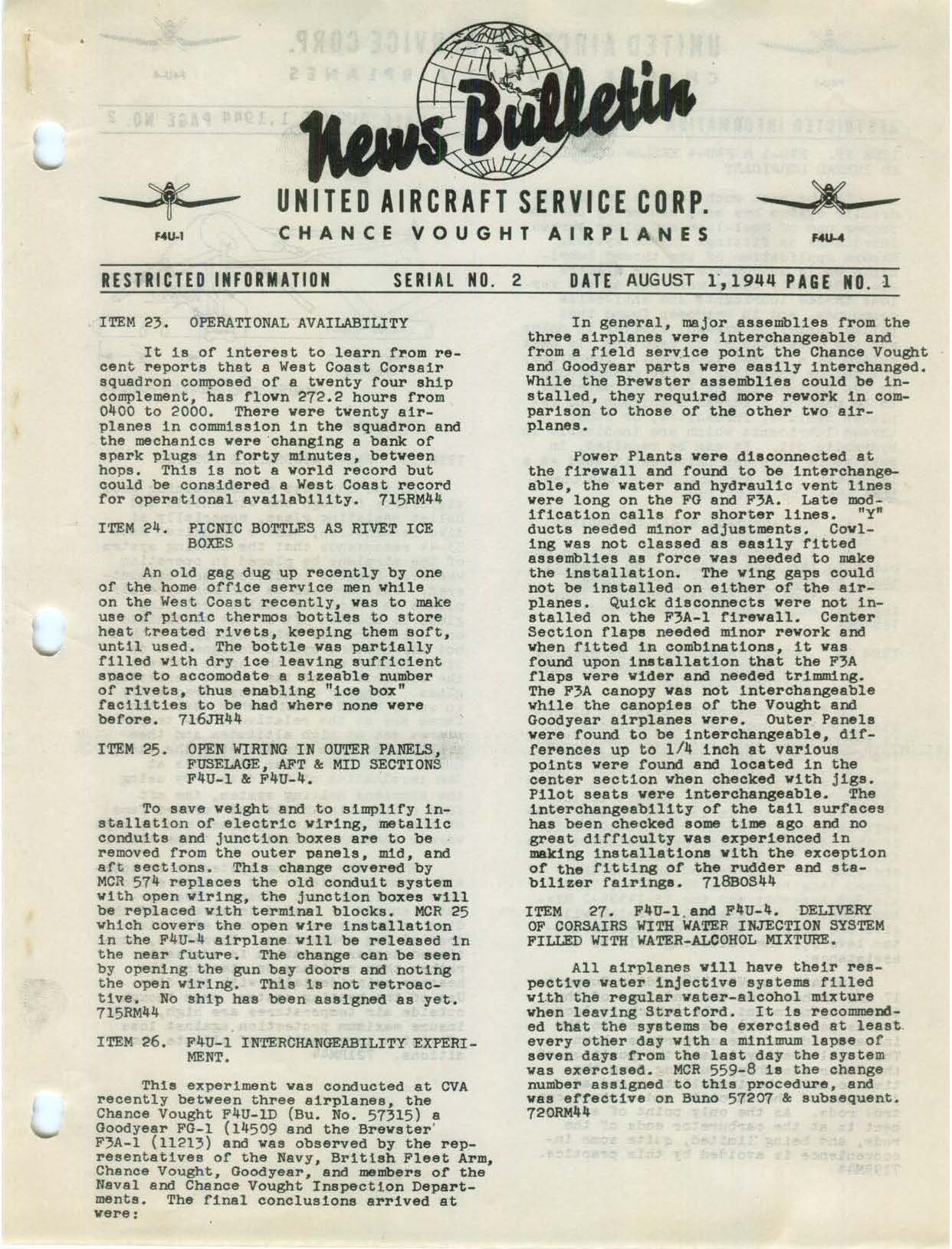 Sample page 1 from AirCorps Library document: Operational Availability for F4U News Bulletin