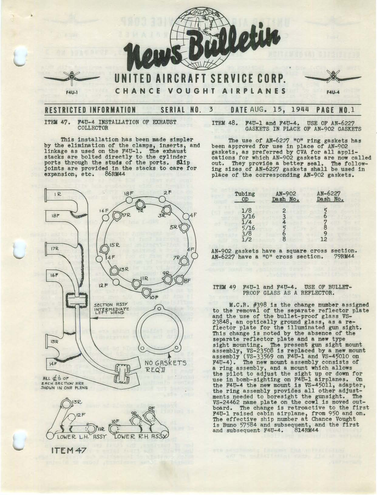 Sample page 1 from AirCorps Library document: F4U-4 Installation of Exhaust Collector News Bulletin